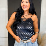 Polka Dot Lace Trim Satin Camisole Tank Top - Black - Lace and Grace Boutique