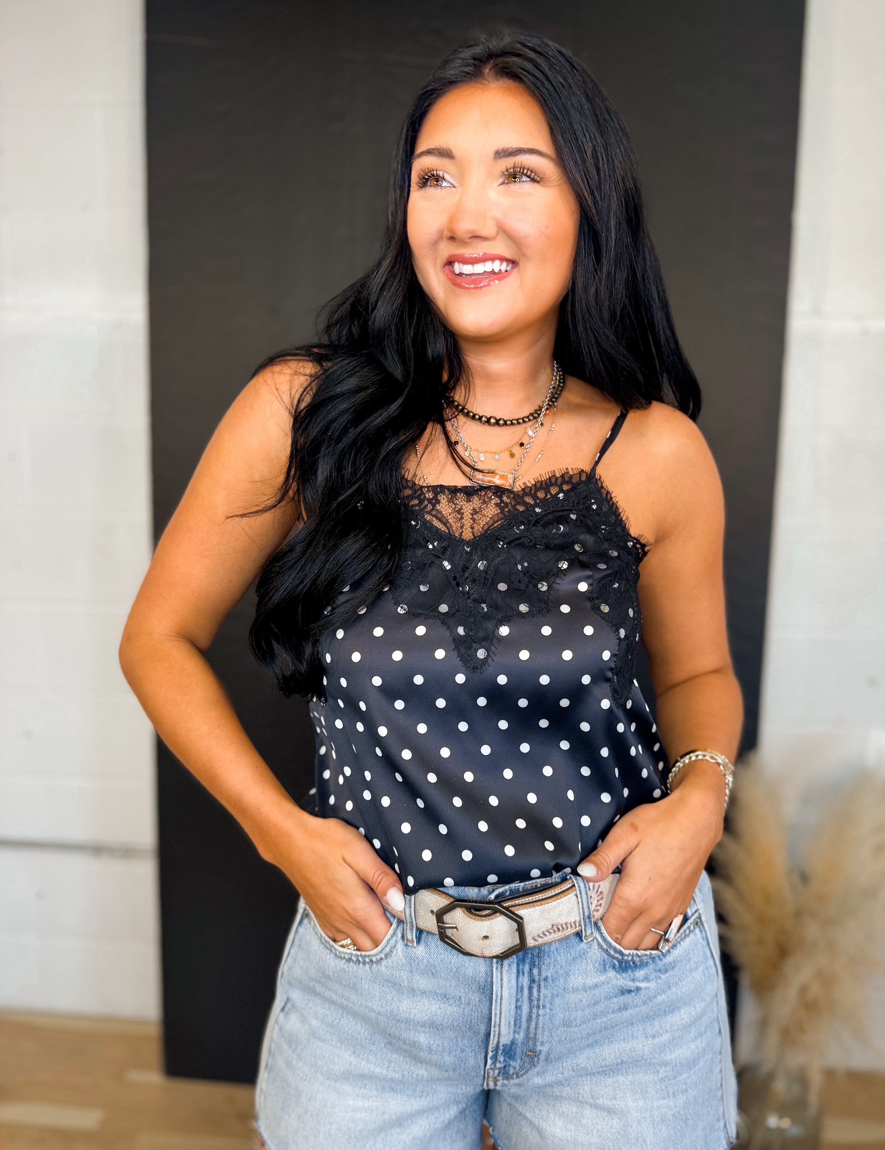 Polka Dot Lace Trim Satin Camisole Tank Top - Black - Lace and Grace Boutique