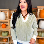 Luxe Two Tone Striped Hooded Sweater - Olive/Cream - Lace and Grace Boutique