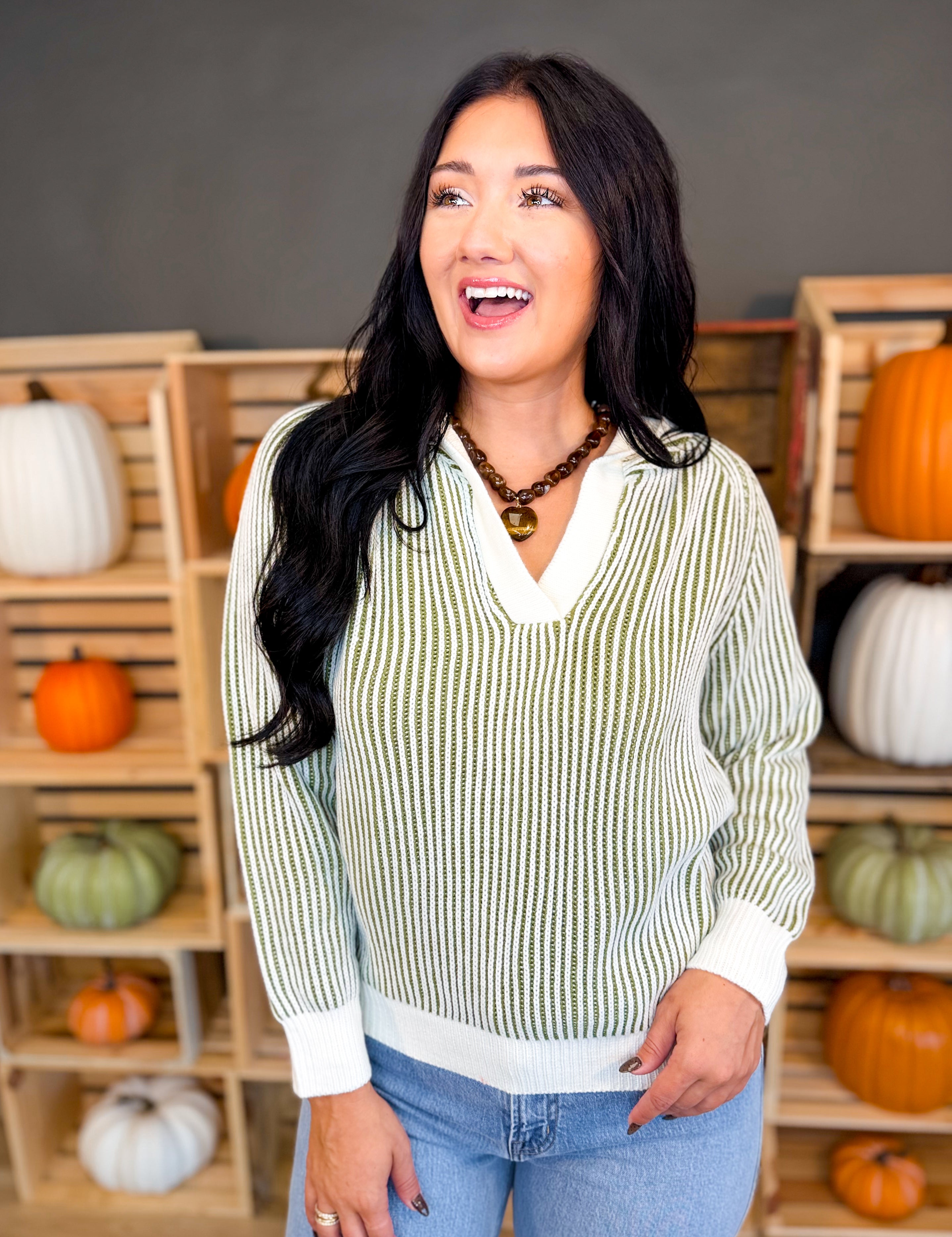 Luxe Two Tone Striped Hooded Sweater - Olive/Cream - Lace and Grace Boutique