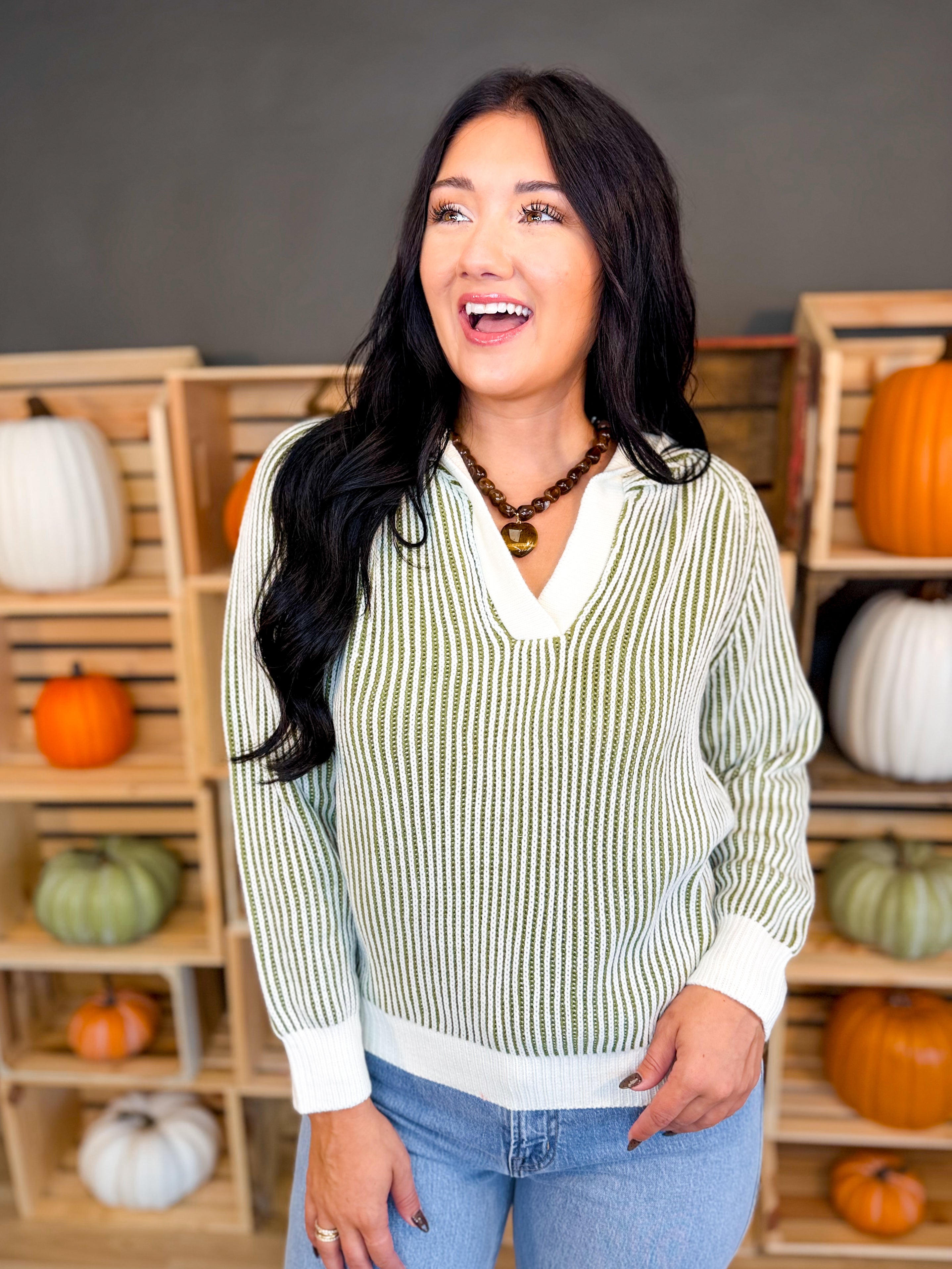 Luxe Two Tone Striped Hooded Sweater - Olive/Cream - Lace and Grace Boutique