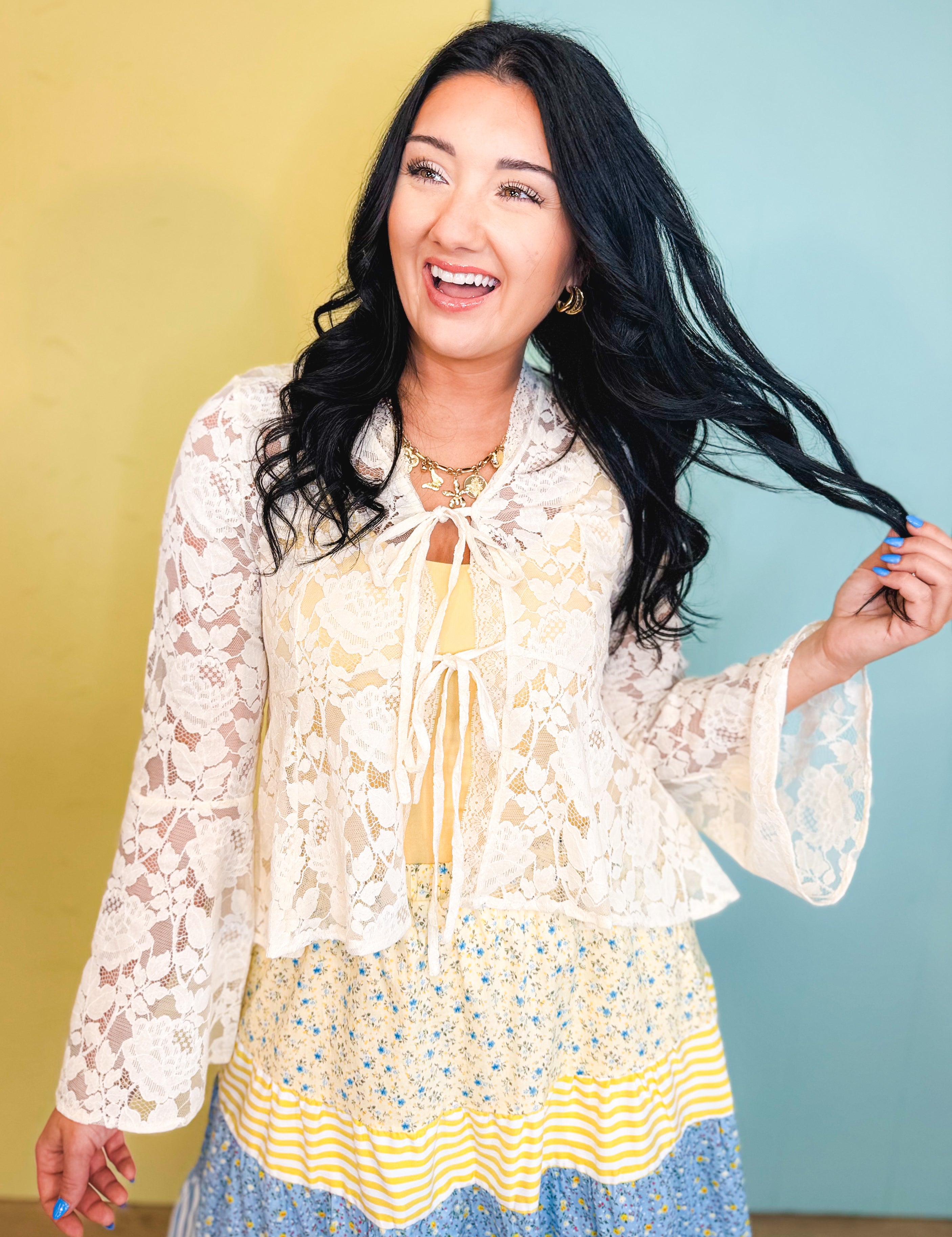 Floral Lace Trumpet Sleeve Hi-Lo Hem Blouse - Cream - Lace and Grace Boutique