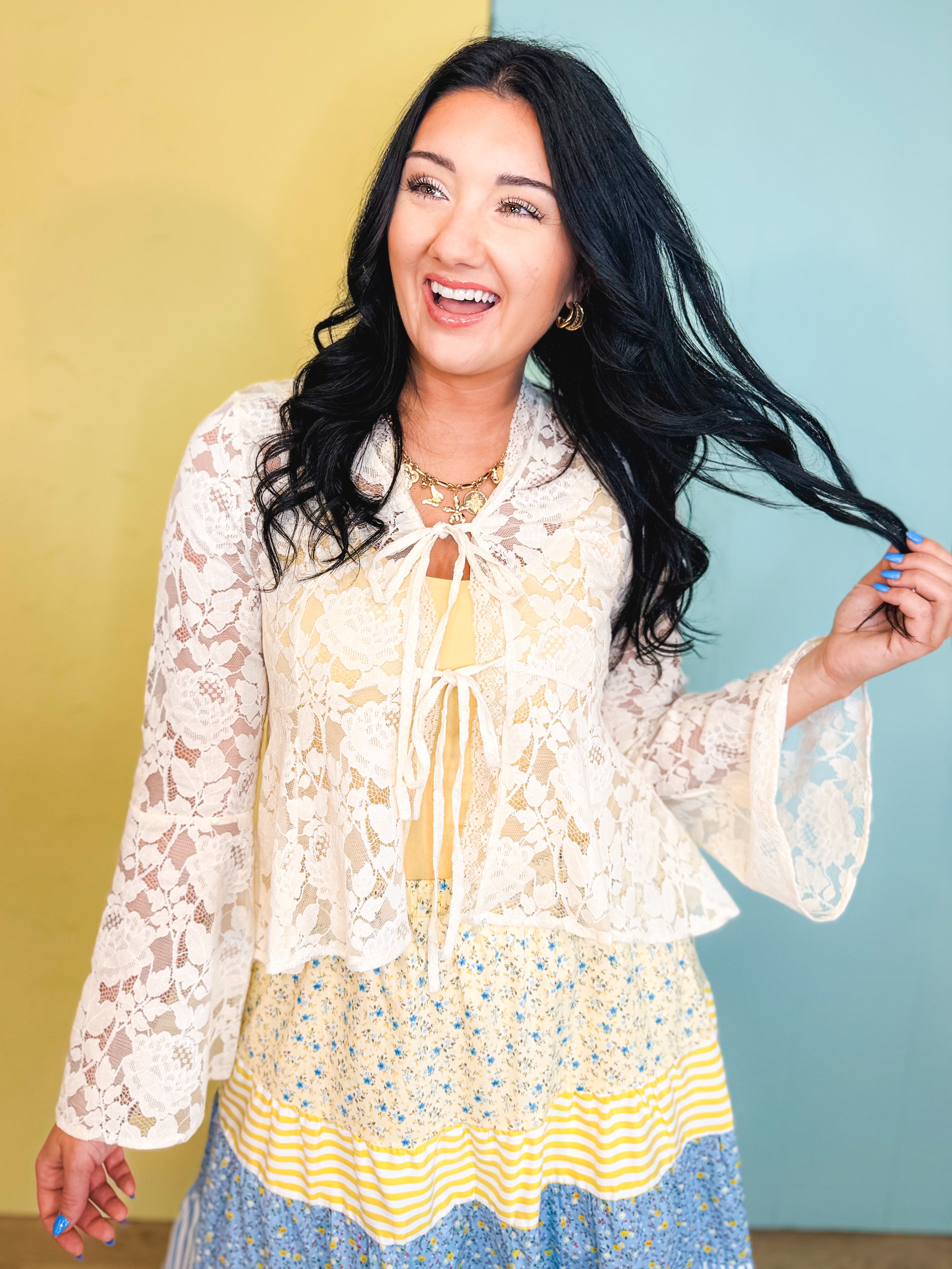 Floral Lace Trumpet Sleeve Hi-Lo Hem Blouse - Cream - Lace and Grace Boutique