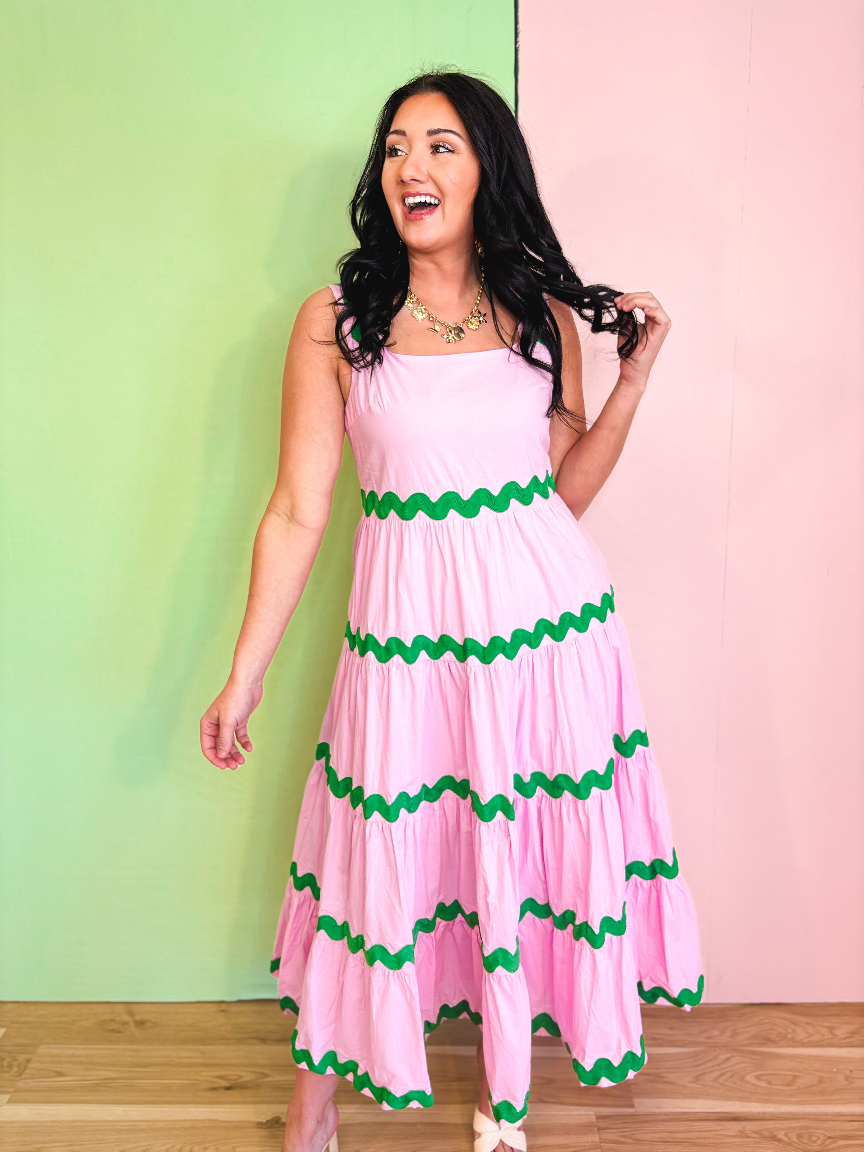 Tiered Ric Rac Trim Midi Dress - Cool Pink - Lace and Grace Boutique