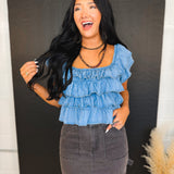 Tiered Flutter Sleeve Chambray Denim Top - Lace and Grace Boutique