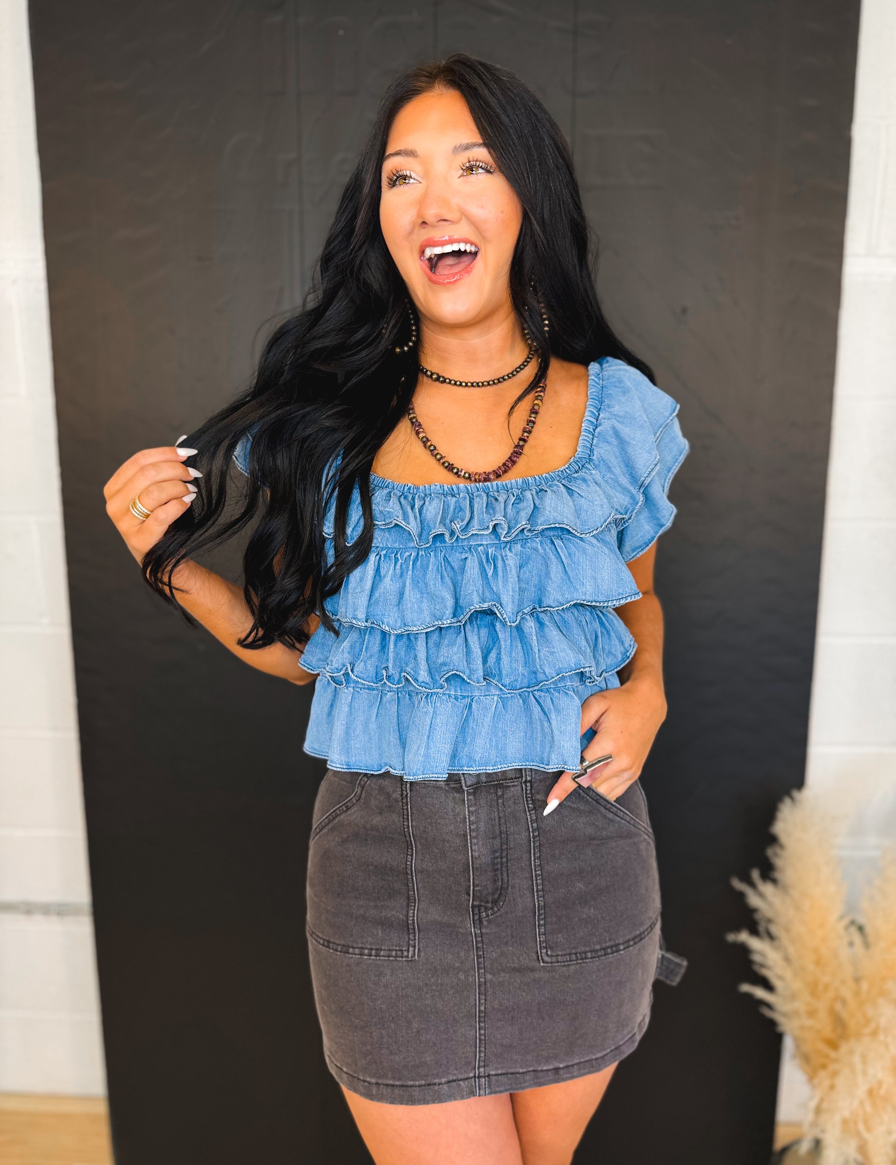 Tiered Flutter Sleeve Chambray Denim Top - Lace and Grace Boutique