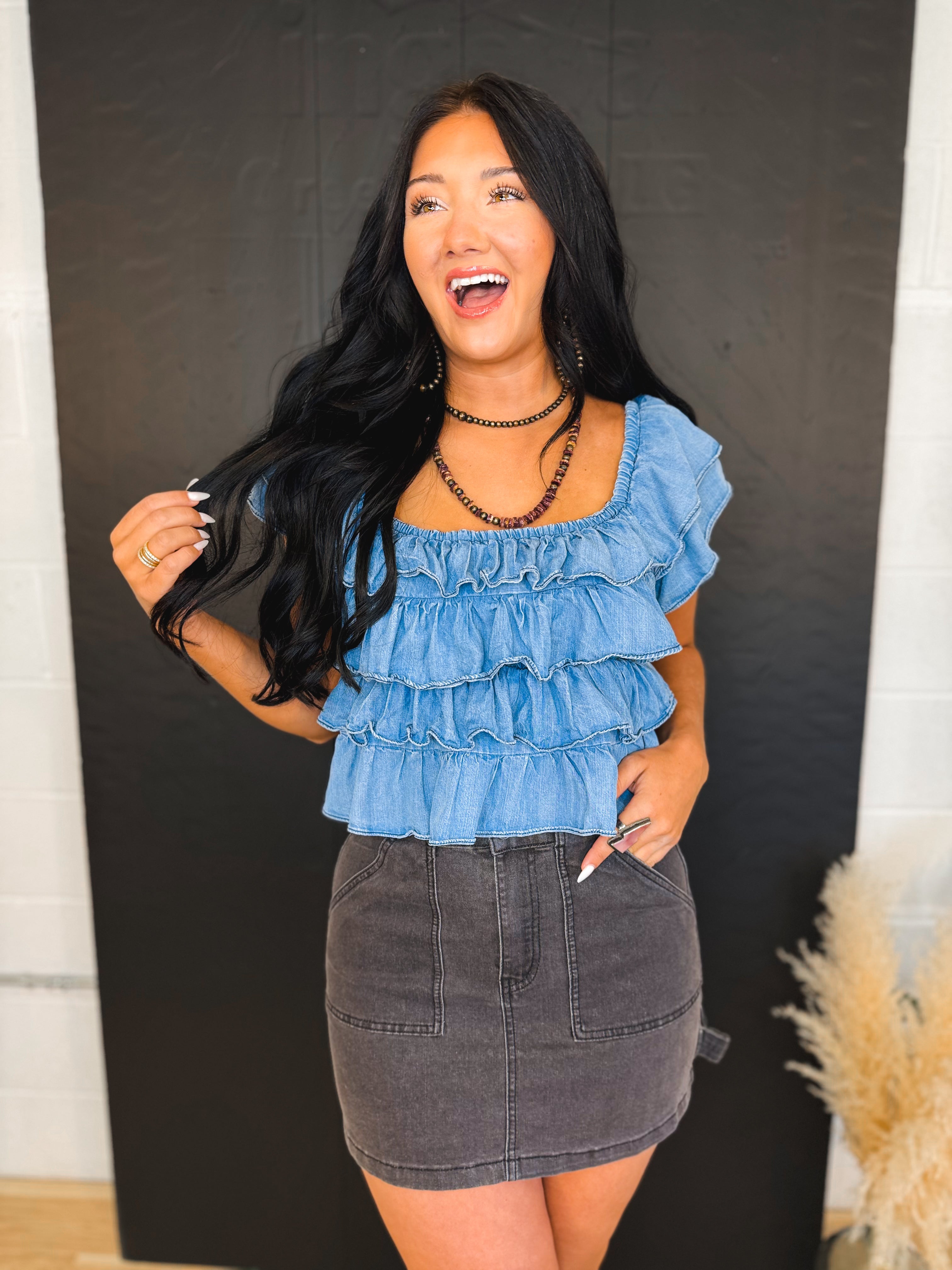 Tiered Flutter Sleeve Chambray Denim Top - Lace and Grace Boutique