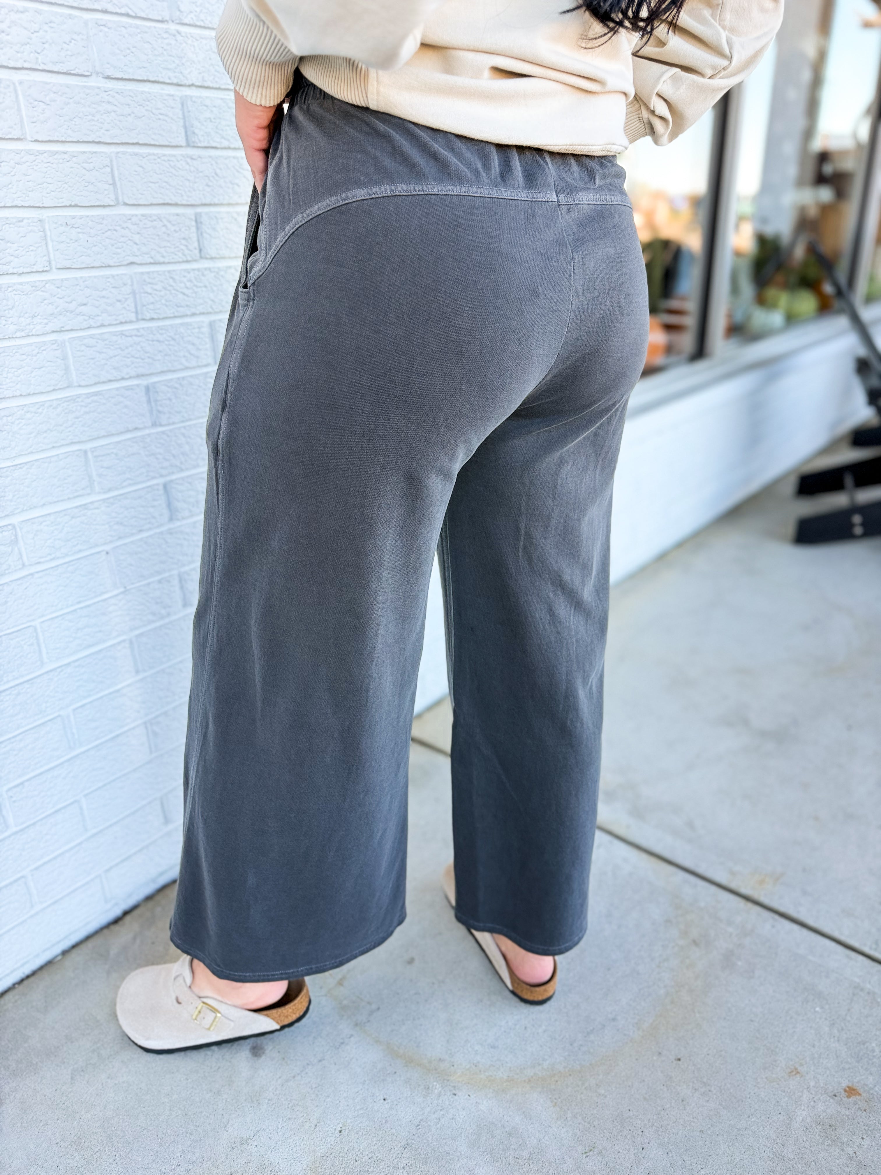 Pigment Wash French Terry Wide Leg Pants - Black - Lace and Grace Boutique