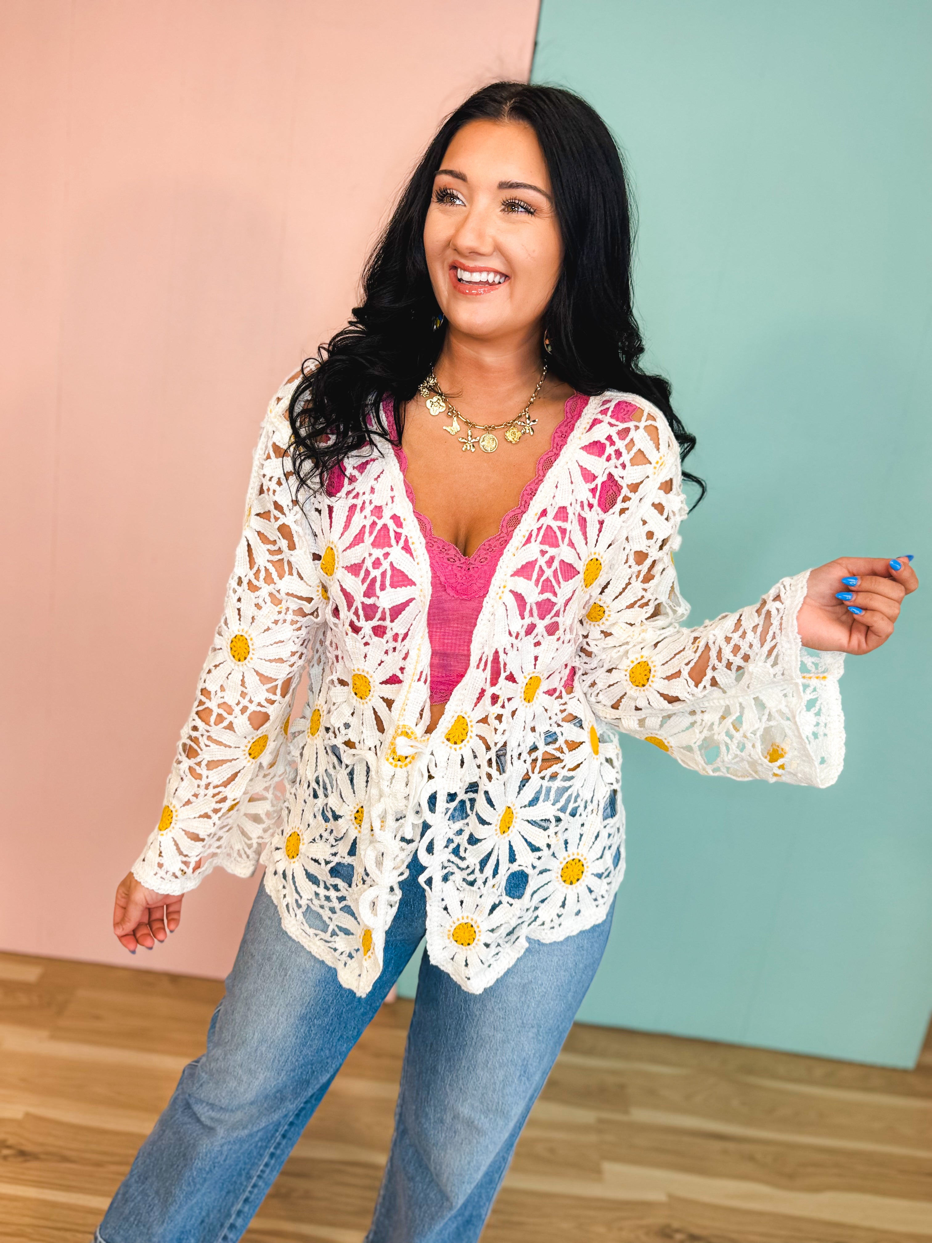 POL Floral Crochet Open Knit Cardigan - White - Lace and Grace Boutique