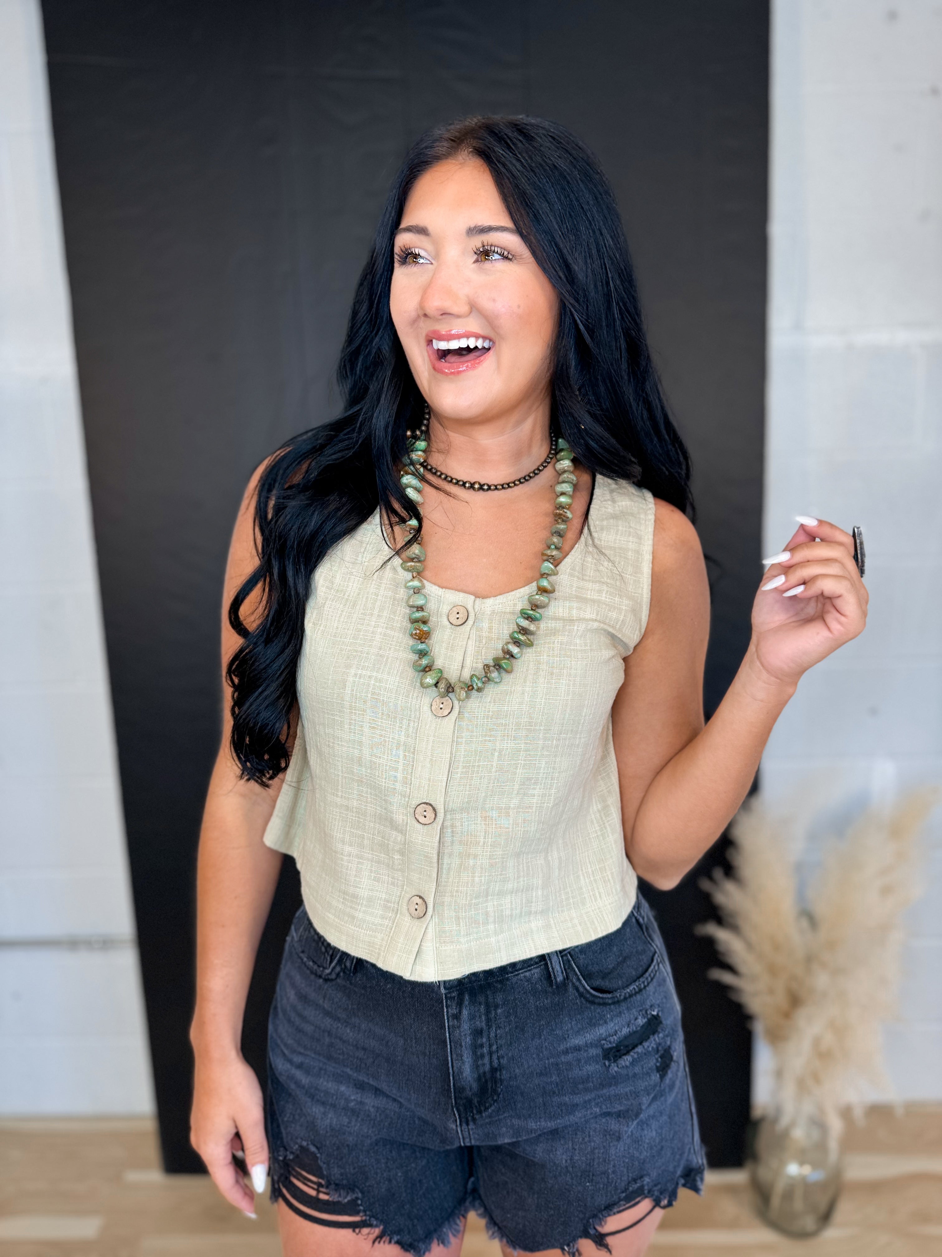 Woven Cotton Button Down Tank - Oat - Lace and Grace Boutique