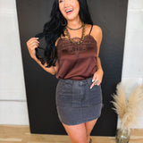 Lace Trim Satin Camisole Tank Top - Brown - Lace and Grace Boutique