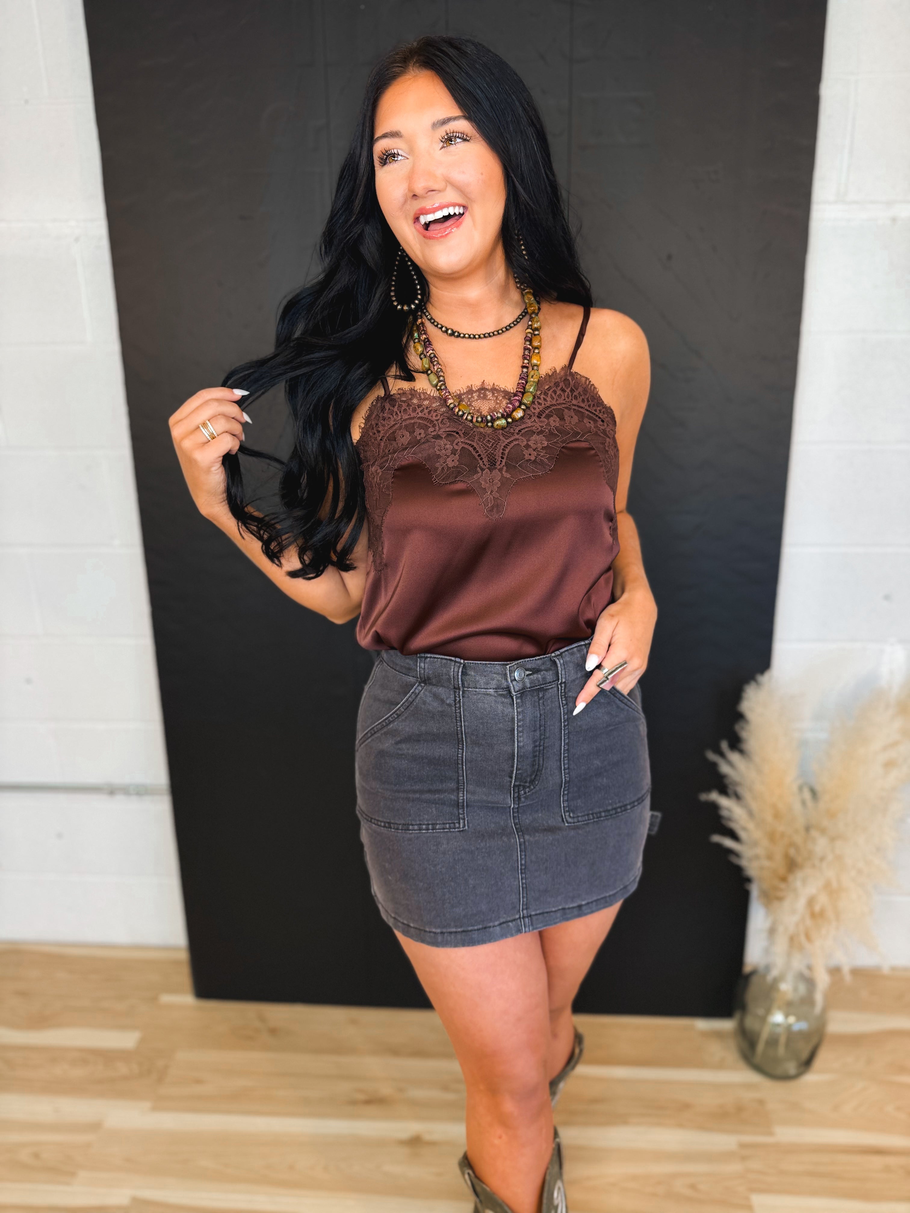 Lace Trim Satin Camisole Tank Top - Brown - Lace and Grace Boutique