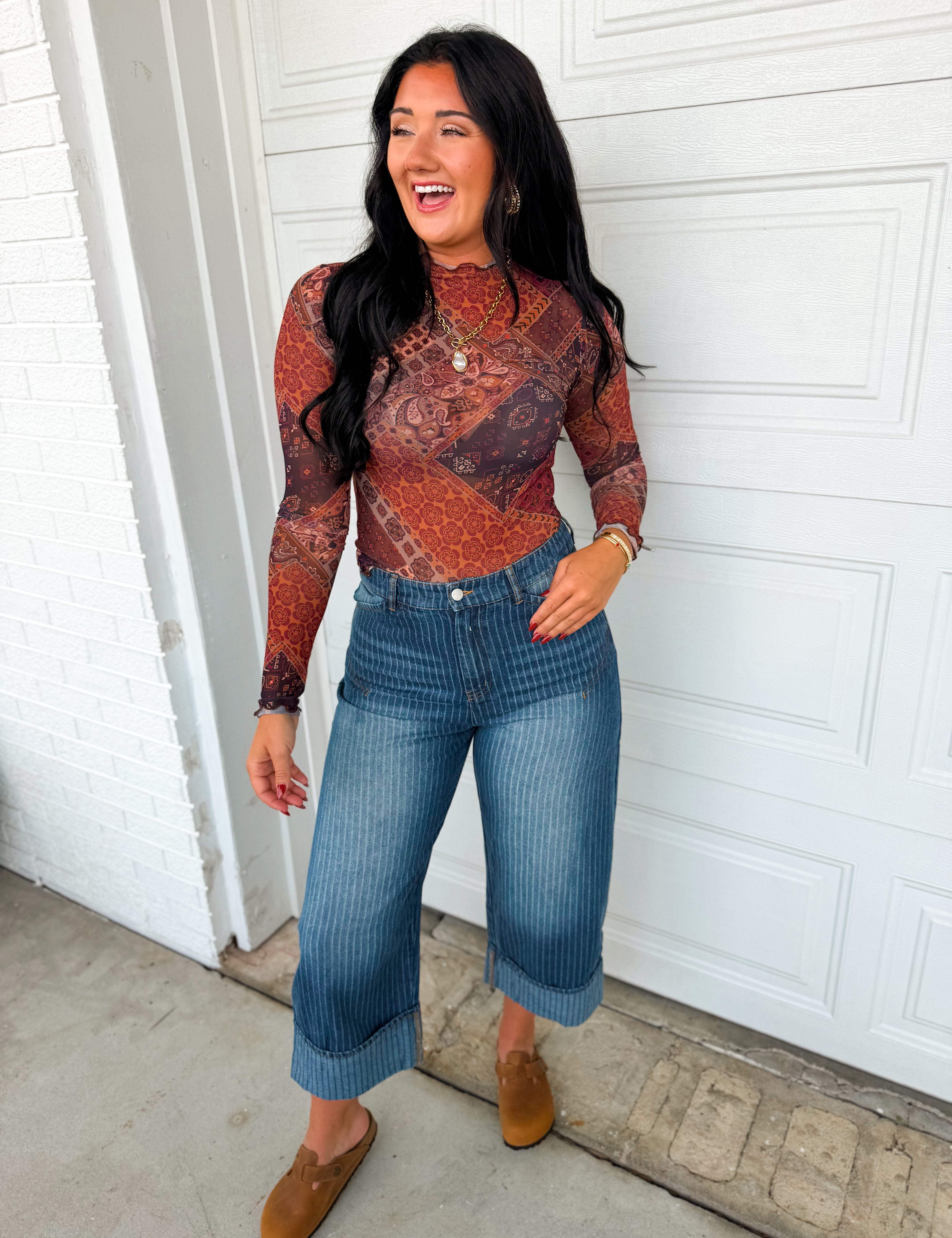 Patchwork Print Mock Neck Mesh Top - Brown Multi - Lace and Grace Boutique