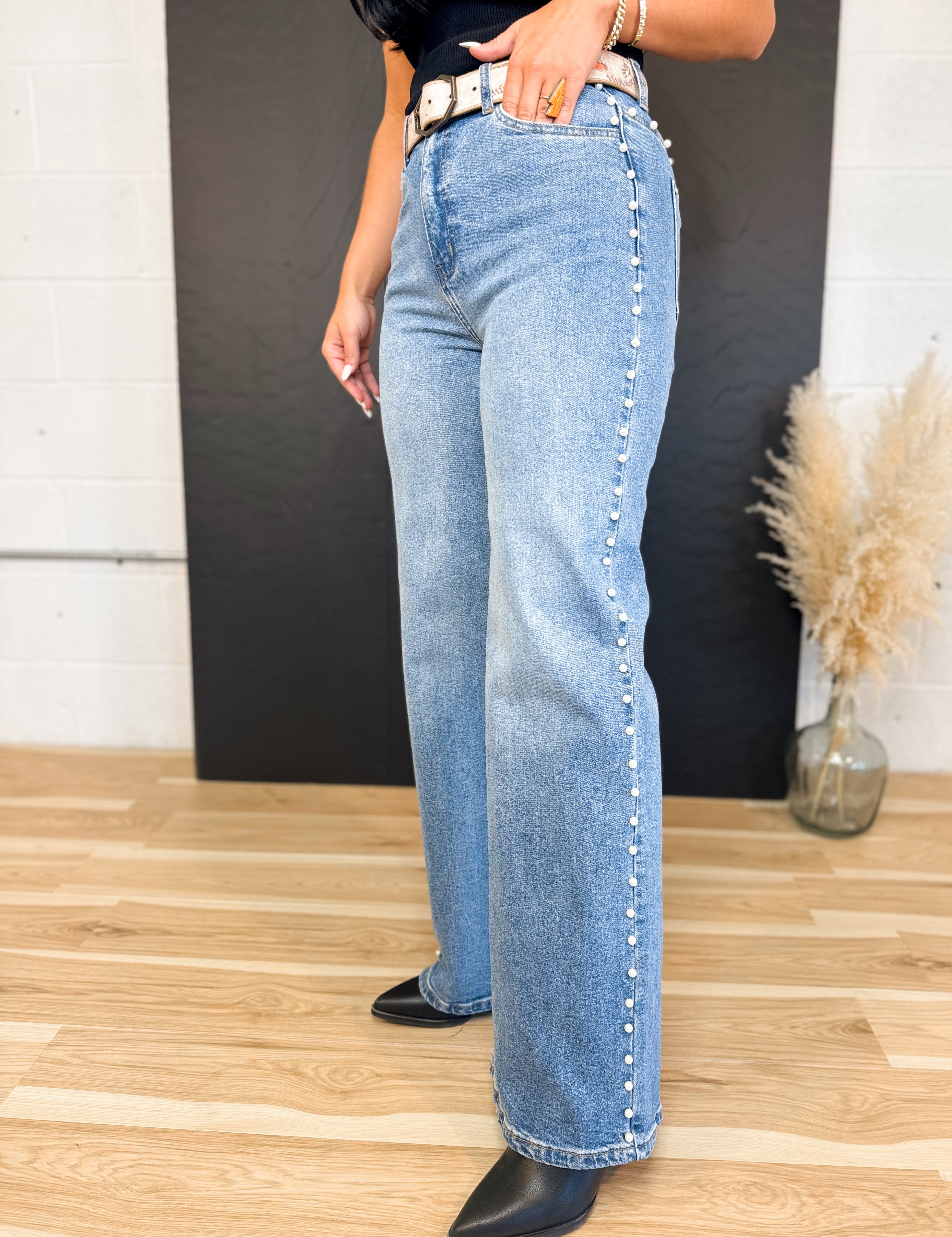 Pearl Detail High-Rise Wide Leg Jeans - Medium - Lace and Grace Boutique