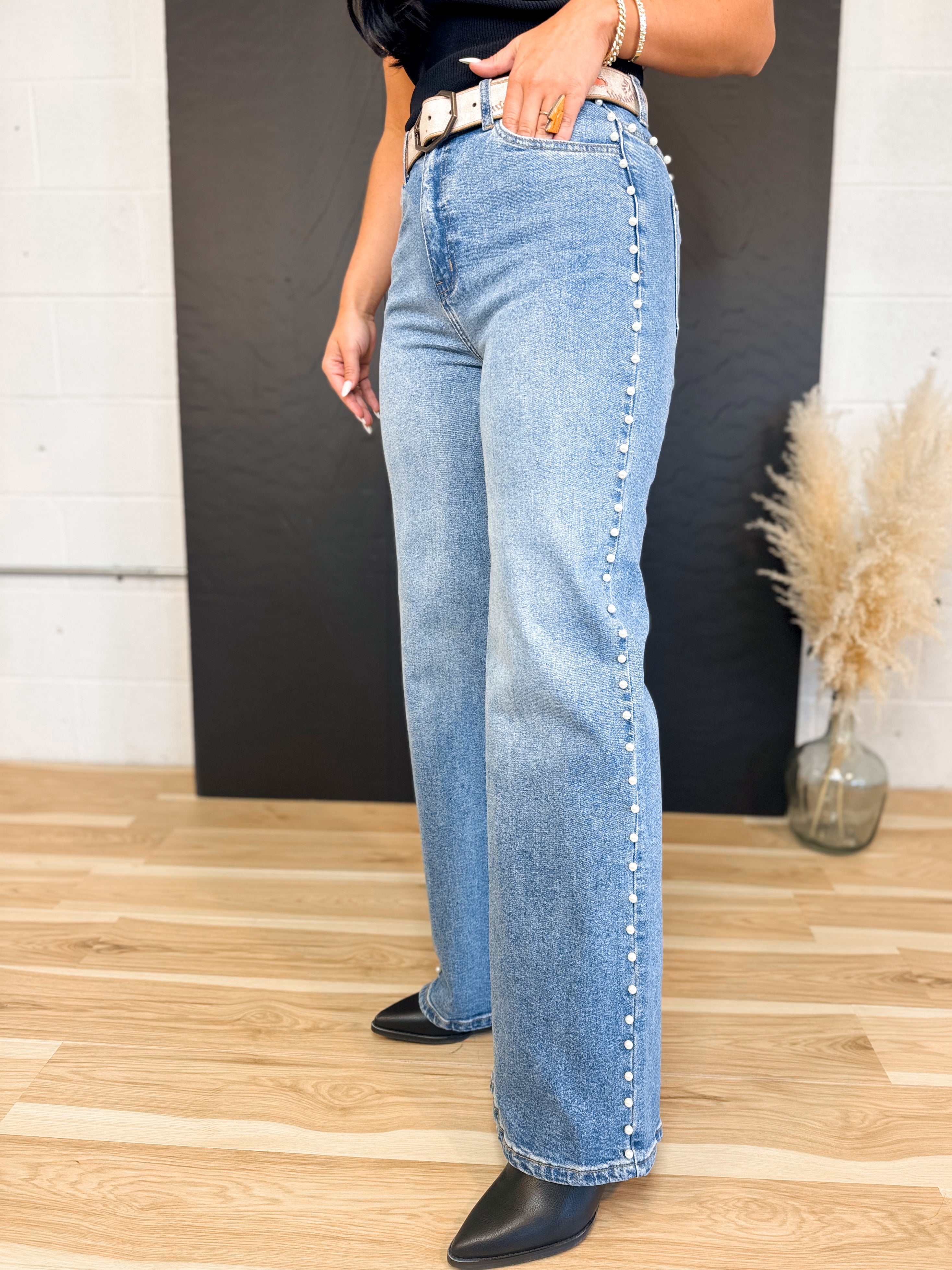 Pearl Detail High-Rise Wide Leg Jeans - Medium - Lace and Grace Boutique