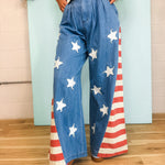 Vintage Wash American Flag Wide Leg Chambray Pants - Lace and Grace Boutique