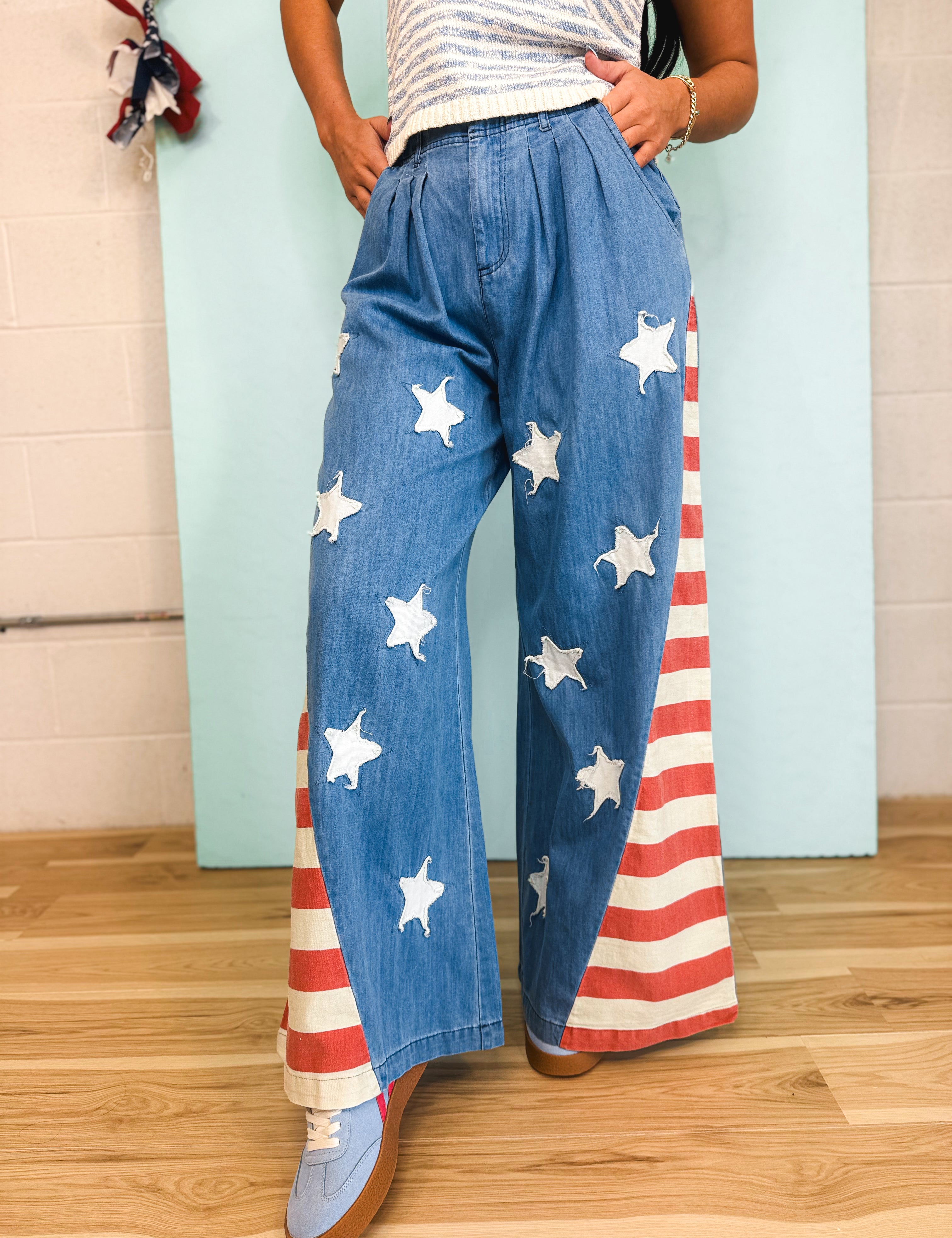 Vintage Wash American Flag Wide Leg Chambray Pants - Lace and Grace Boutique