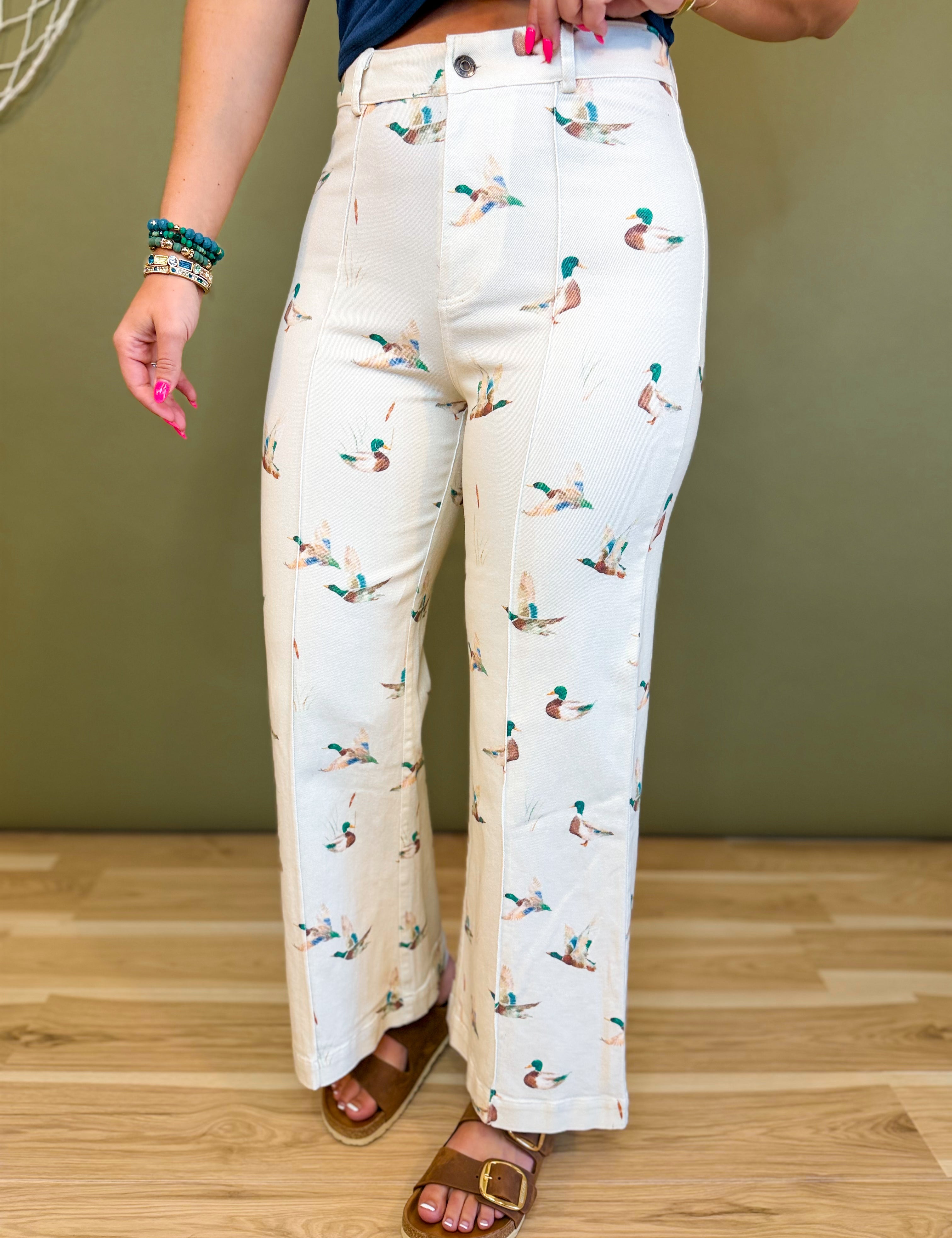 Mallard Printed Stretch Denim Wide Leg Jeans - Ivory - Lace and Grace Boutique