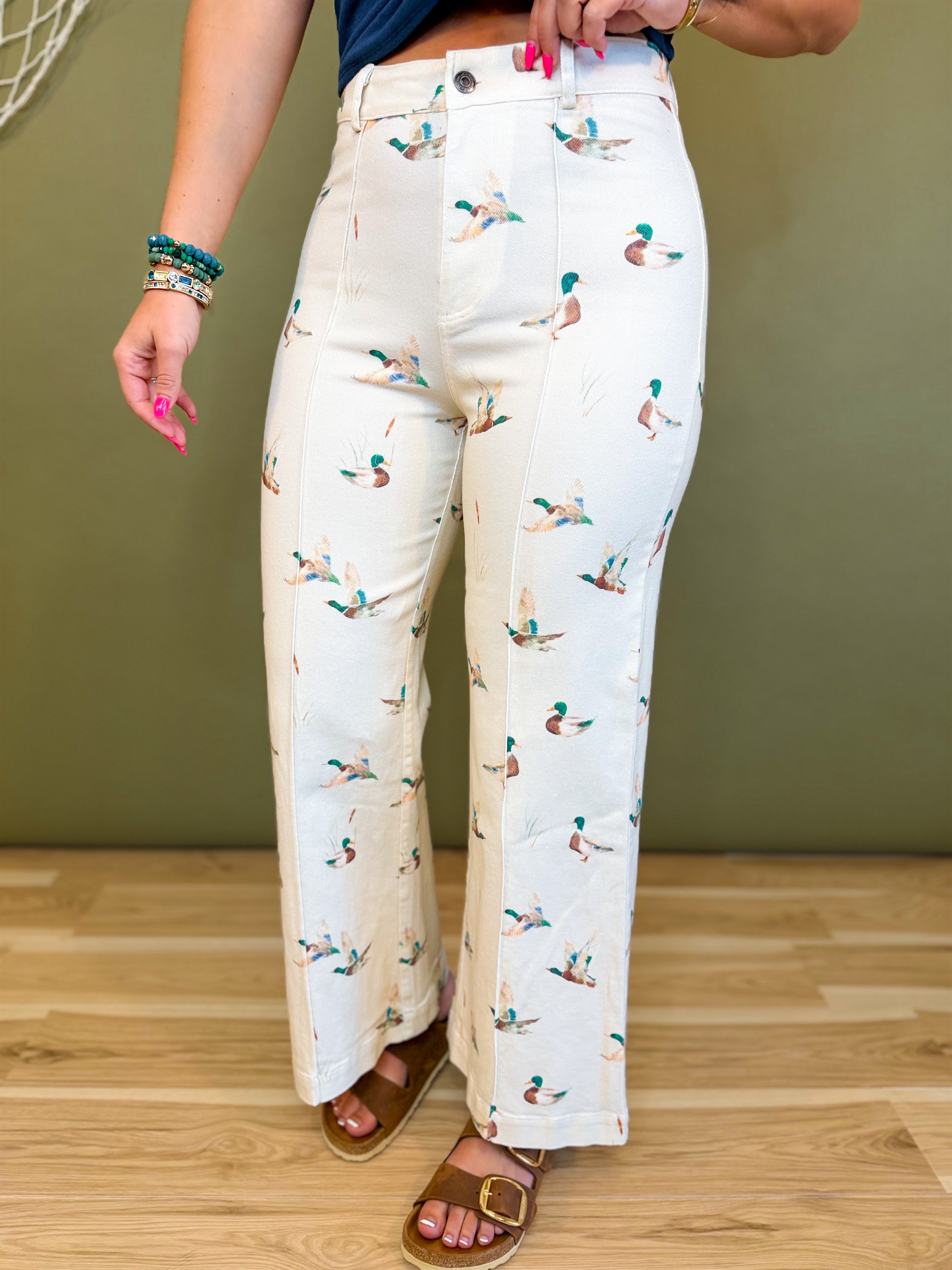 Mallard Printed Stretch Denim Wide Leg Jeans - Ivory - Lace and Grace Boutique
