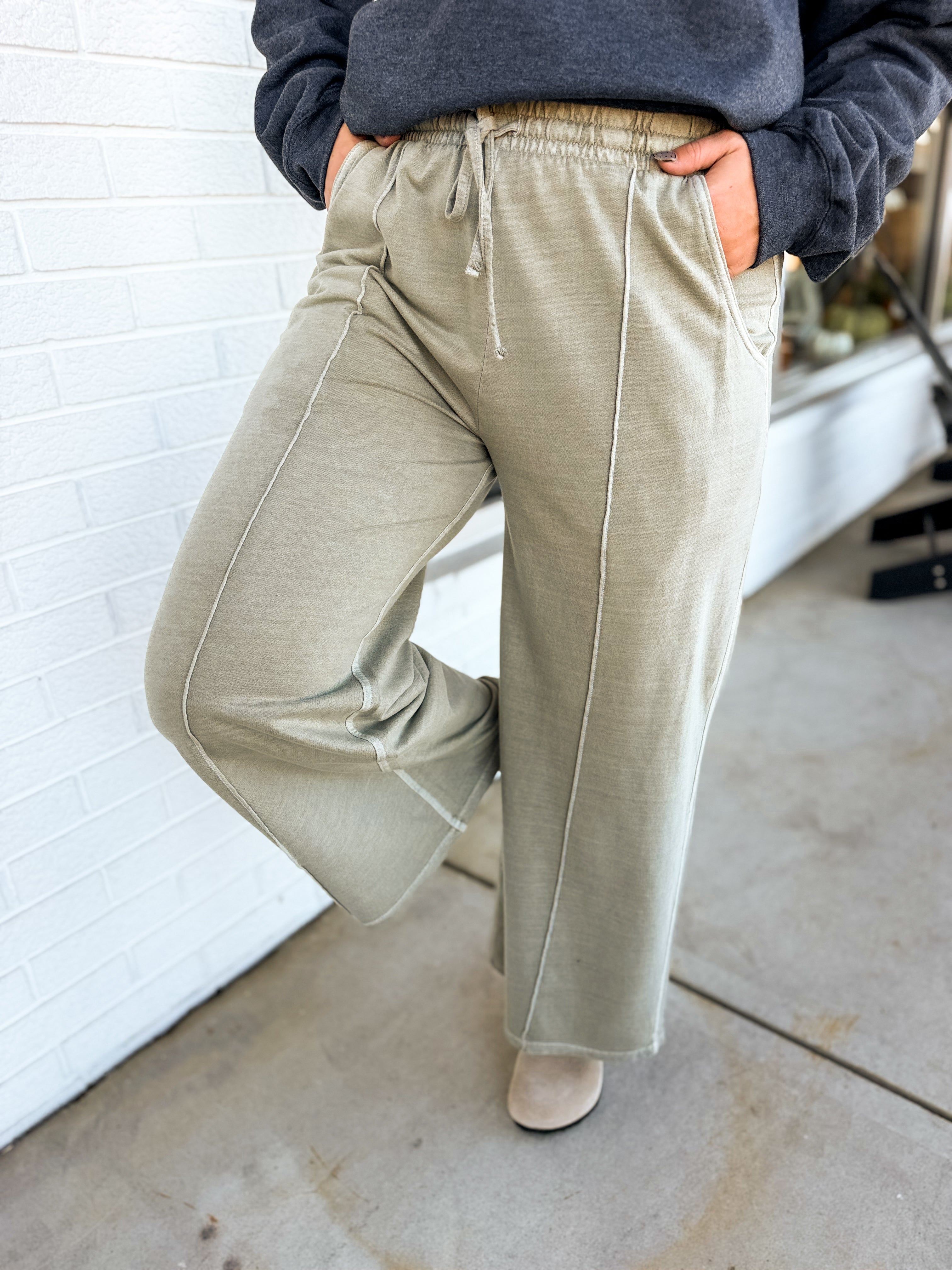 Pigment Wash French Terry Wide Leg Pants - Ash Mocha - Lace and Grace Boutique