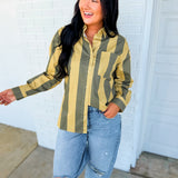 Vintage Striped Poplin Button Down Shirt - Olive/Beige - Lace and Grace Boutique