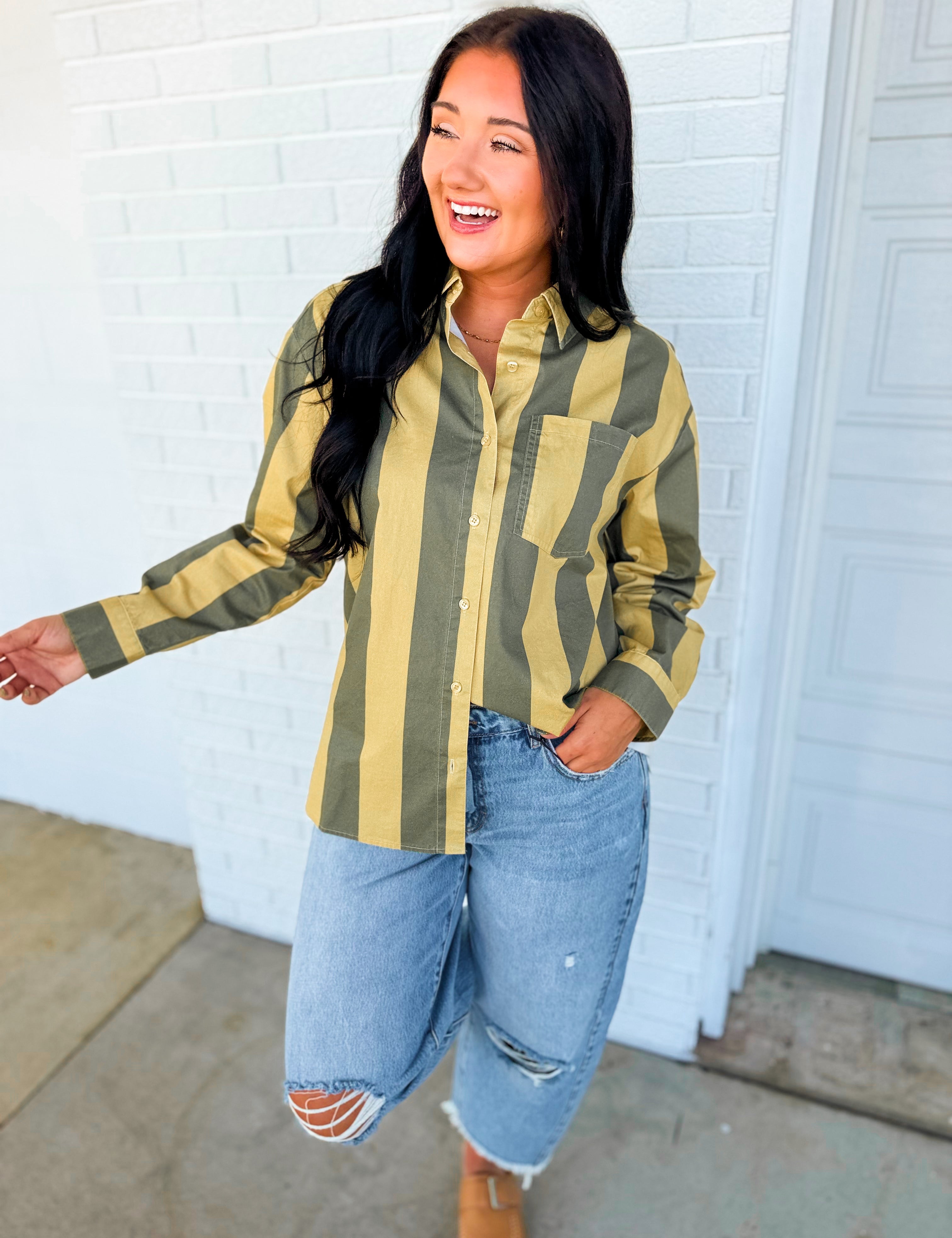 Vintage Striped Poplin Button Down Shirt - Olive/Beige - Lace and Grace Boutique