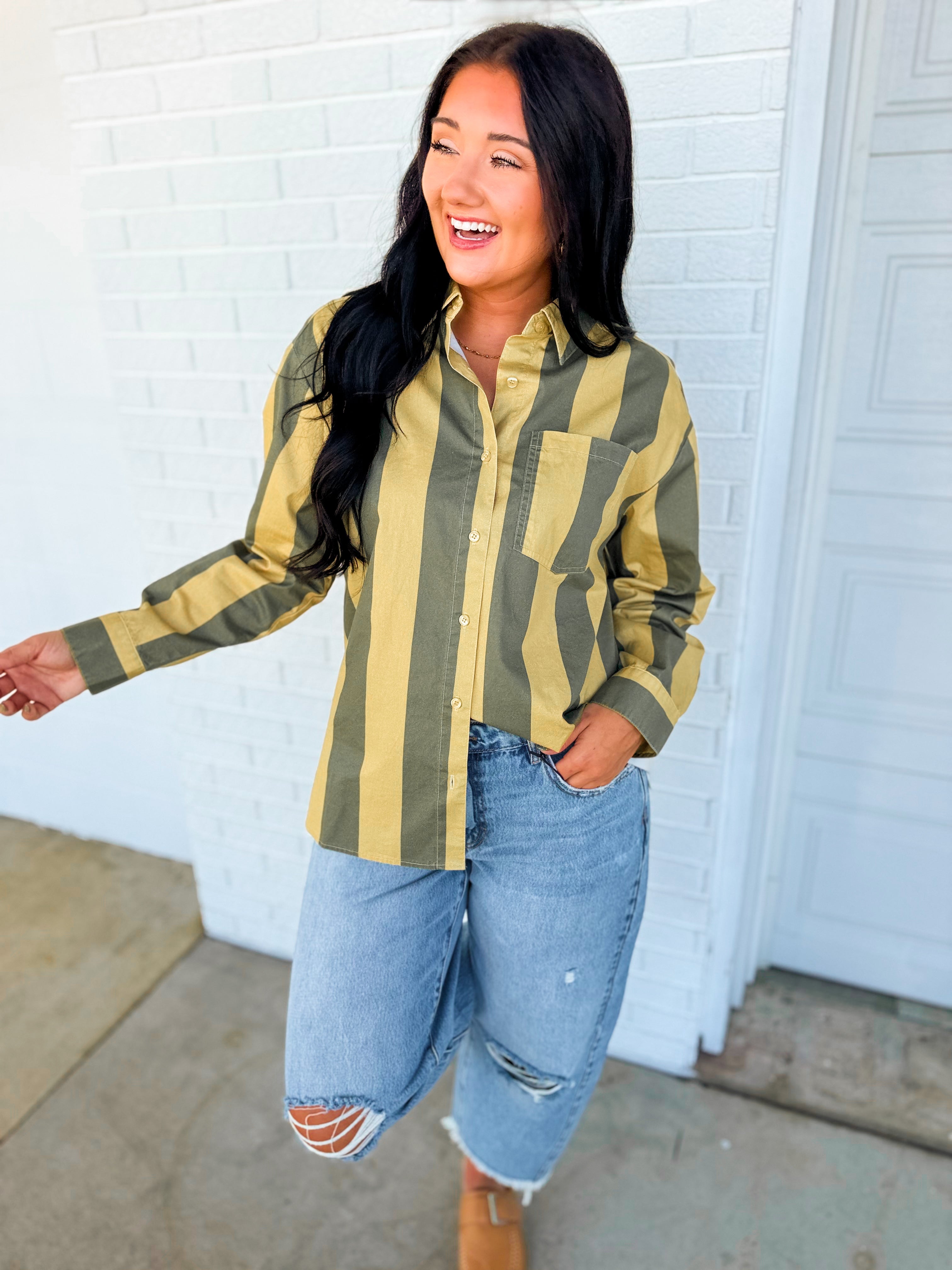 Vintage Striped Poplin Button Down Shirt - Olive/Beige - Lace and Grace Boutique