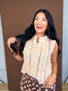 Cable Knit Button Detail Sweater Tank Top - Oatmeal - Lace and Grace Boutique