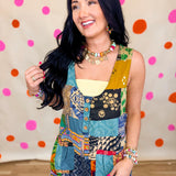 POL V-Neck Patchwork Overalls - Sage Multi - Lace and Grace Boutique