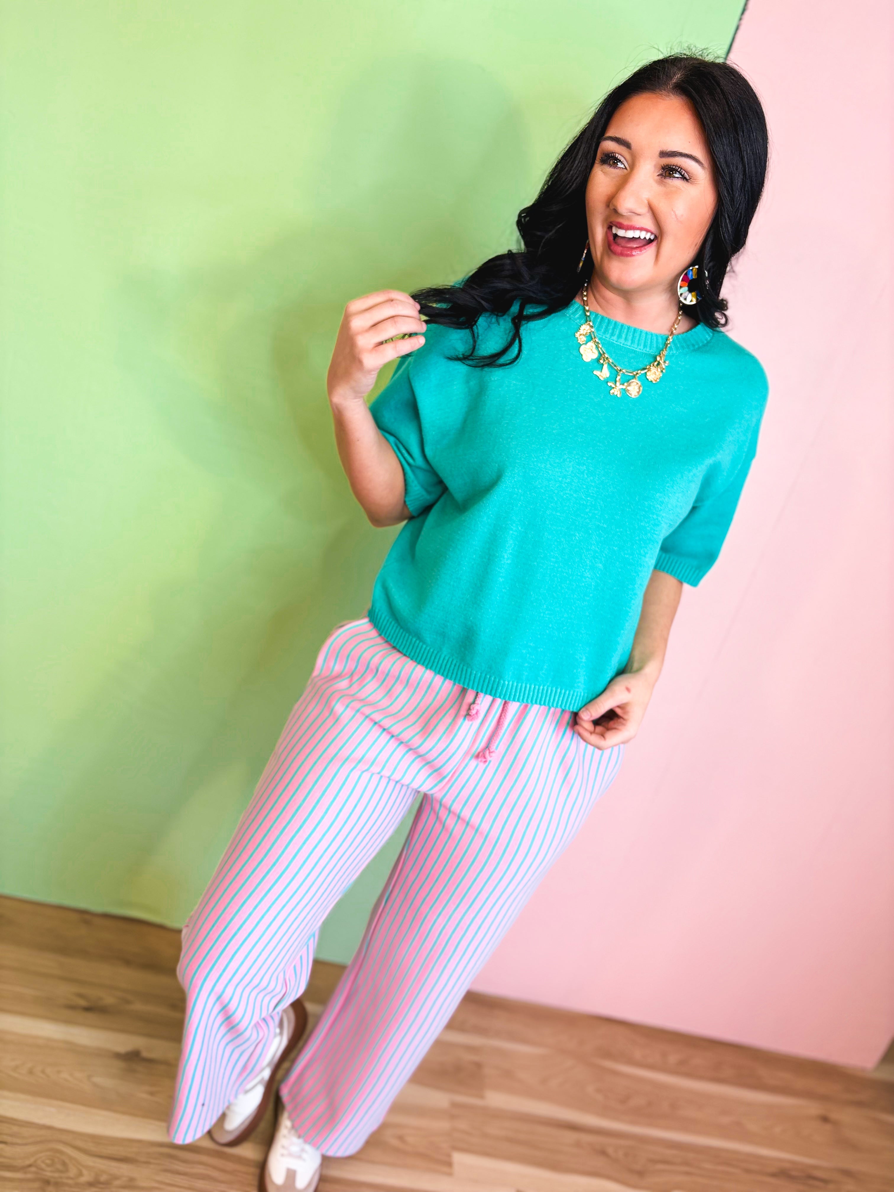 Striped Drawstring Pants - Pink/Mint - Lace and Grace Boutique