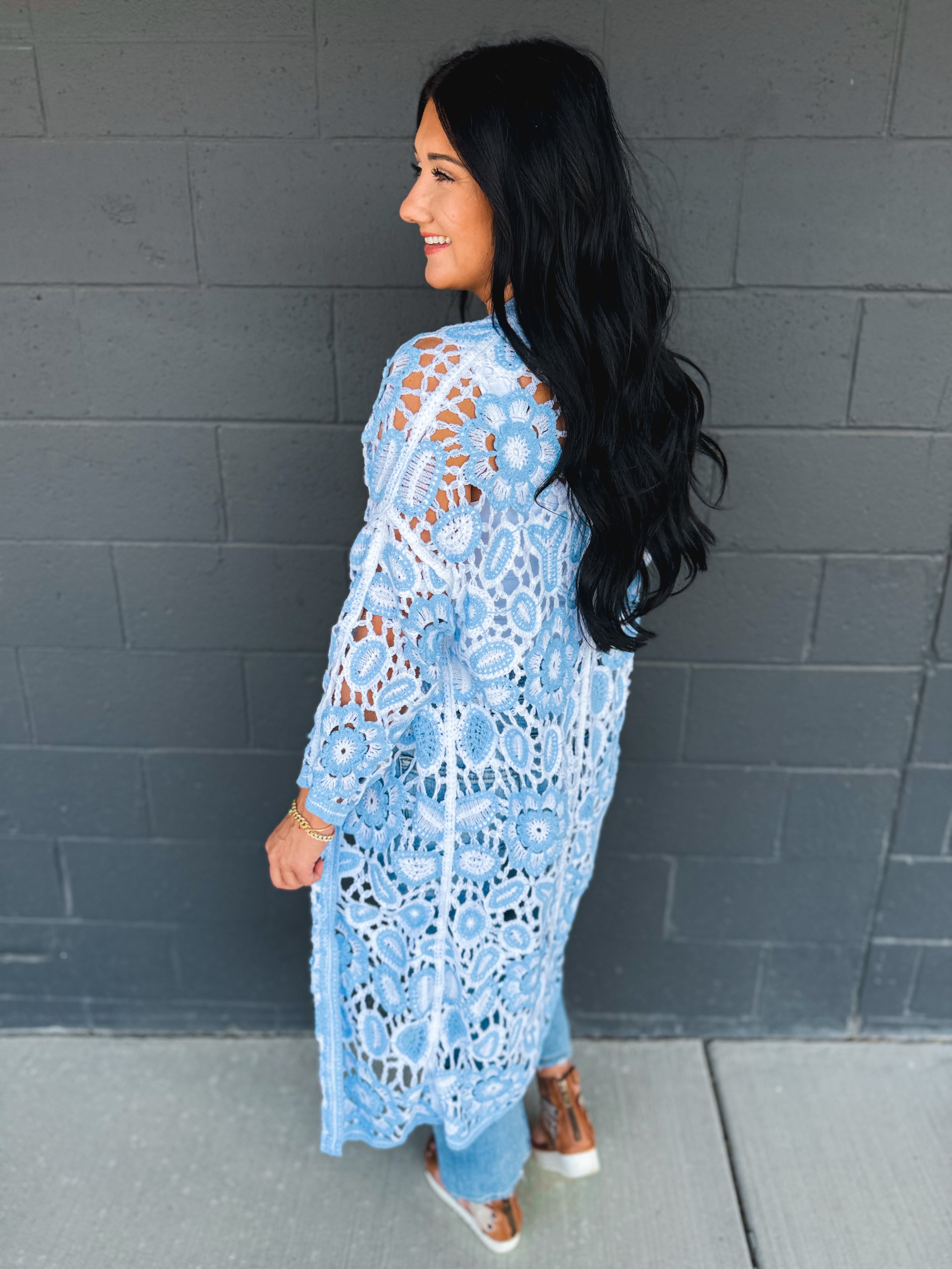 POL Crochet Knit Weave Cardigan - Blue - Lace and Grace Boutique