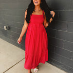 Polka Dot Square Neck Maxi Dress - Chili - Lace and Grace Boutique