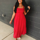 Polka Dot Square Neck Maxi Dress - Chili - Lace and Grace Boutique