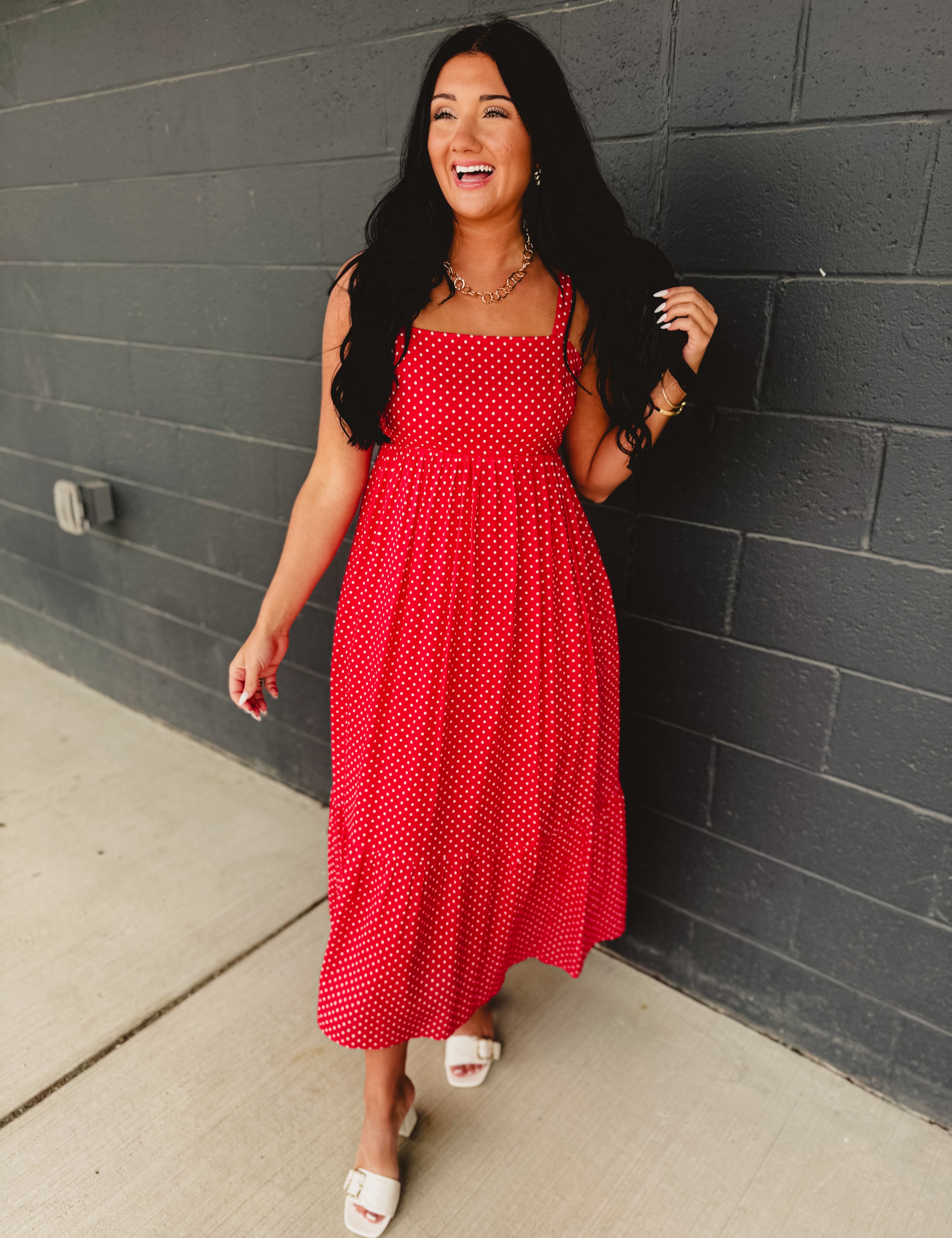 Polka Dot Square Neck Maxi Dress - Chili - Lace and Grace Boutique