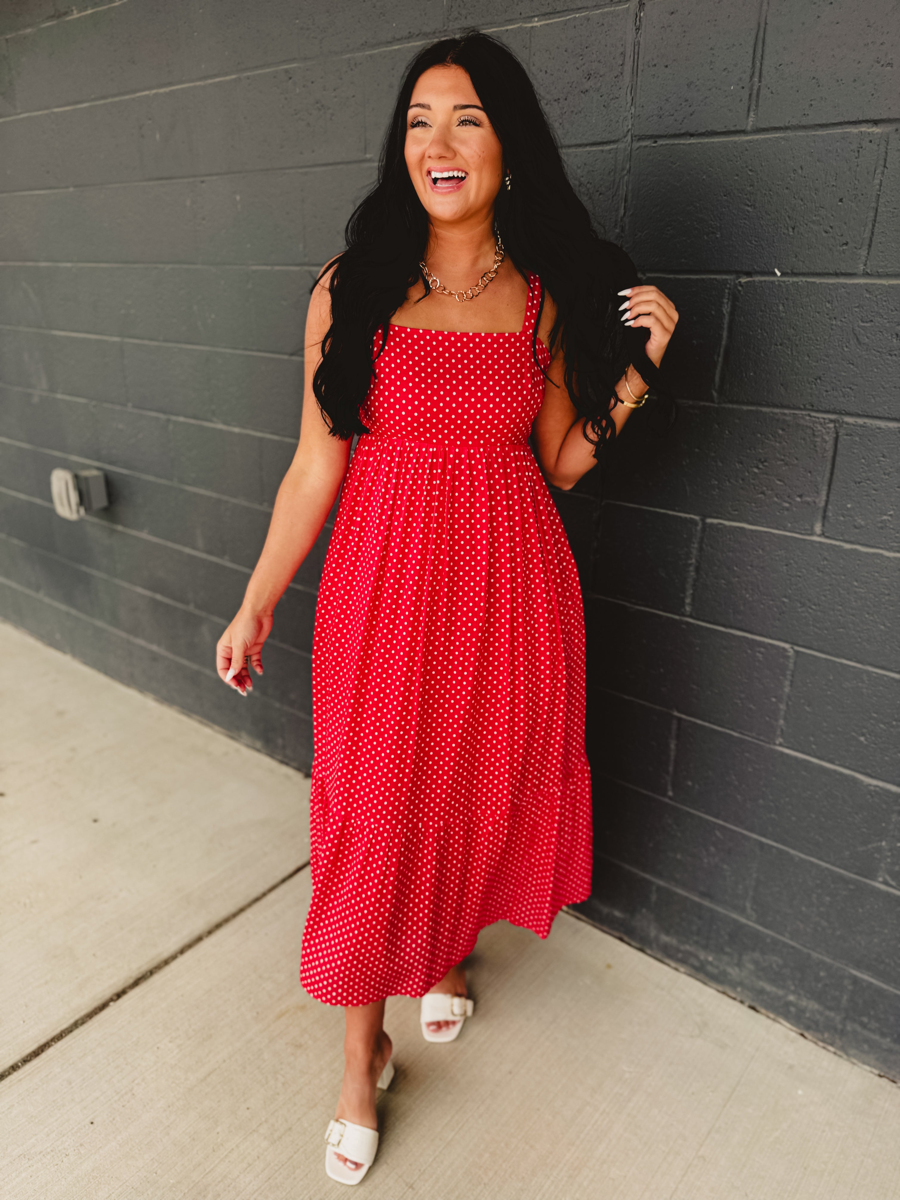 Polka Dot Square Neck Maxi Dress - Chili - Lace and Grace Boutique
