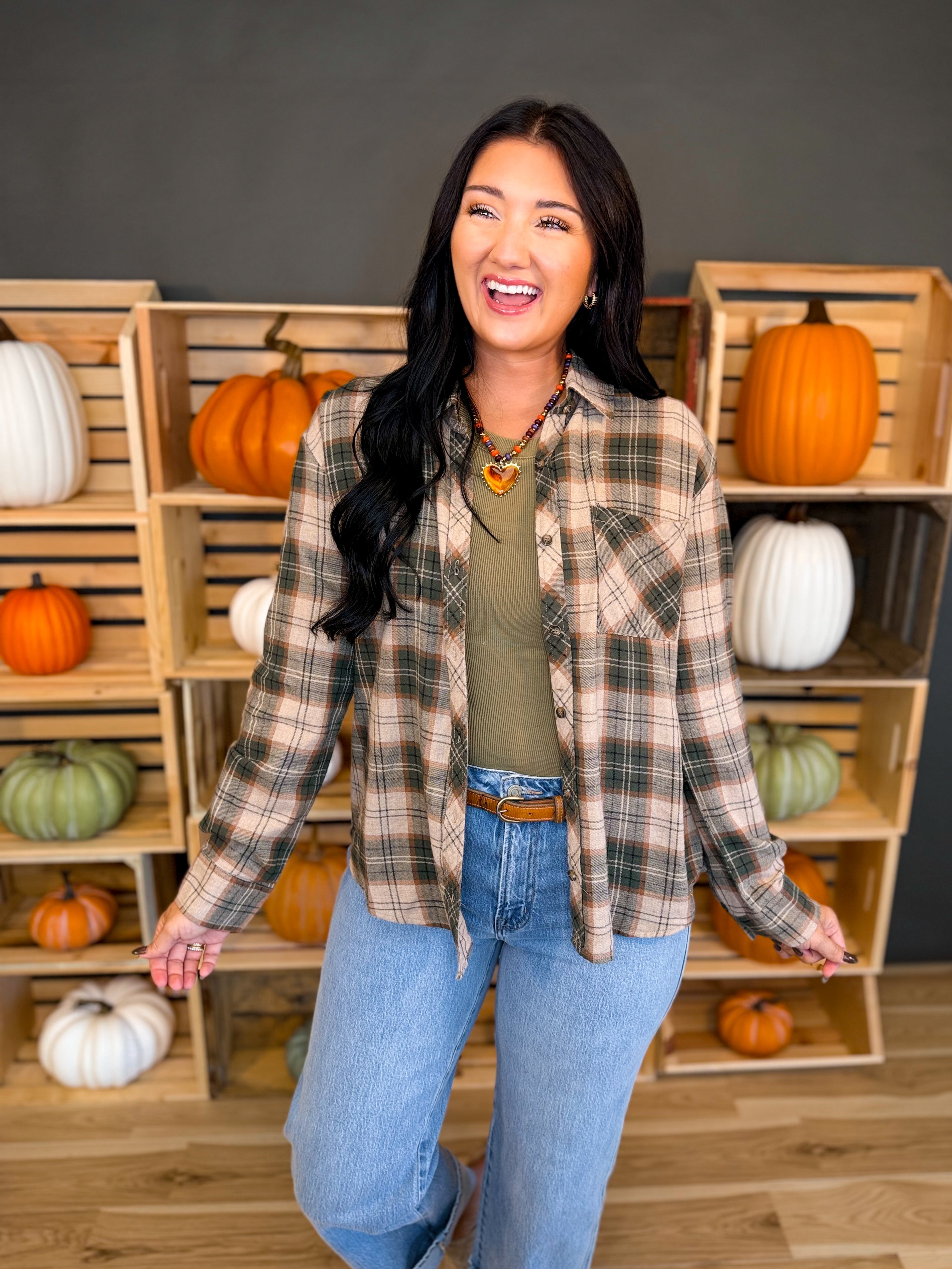 Oversized Plaid Flannel Shirt - Hunter - Lace and Grace Boutique