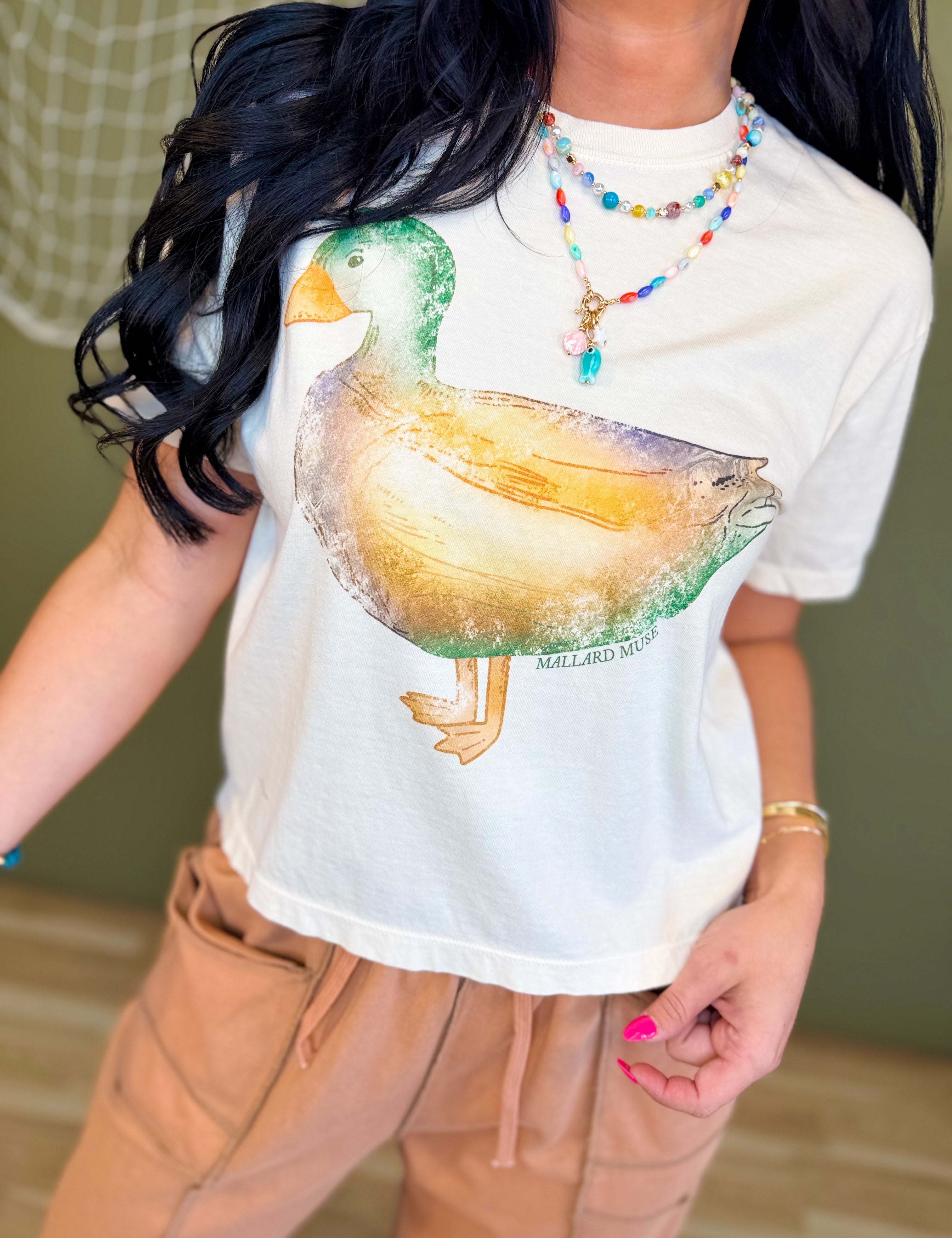 Mallard Muse Cropped Graphic Tee - Ivory - Lace and Grace Boutique