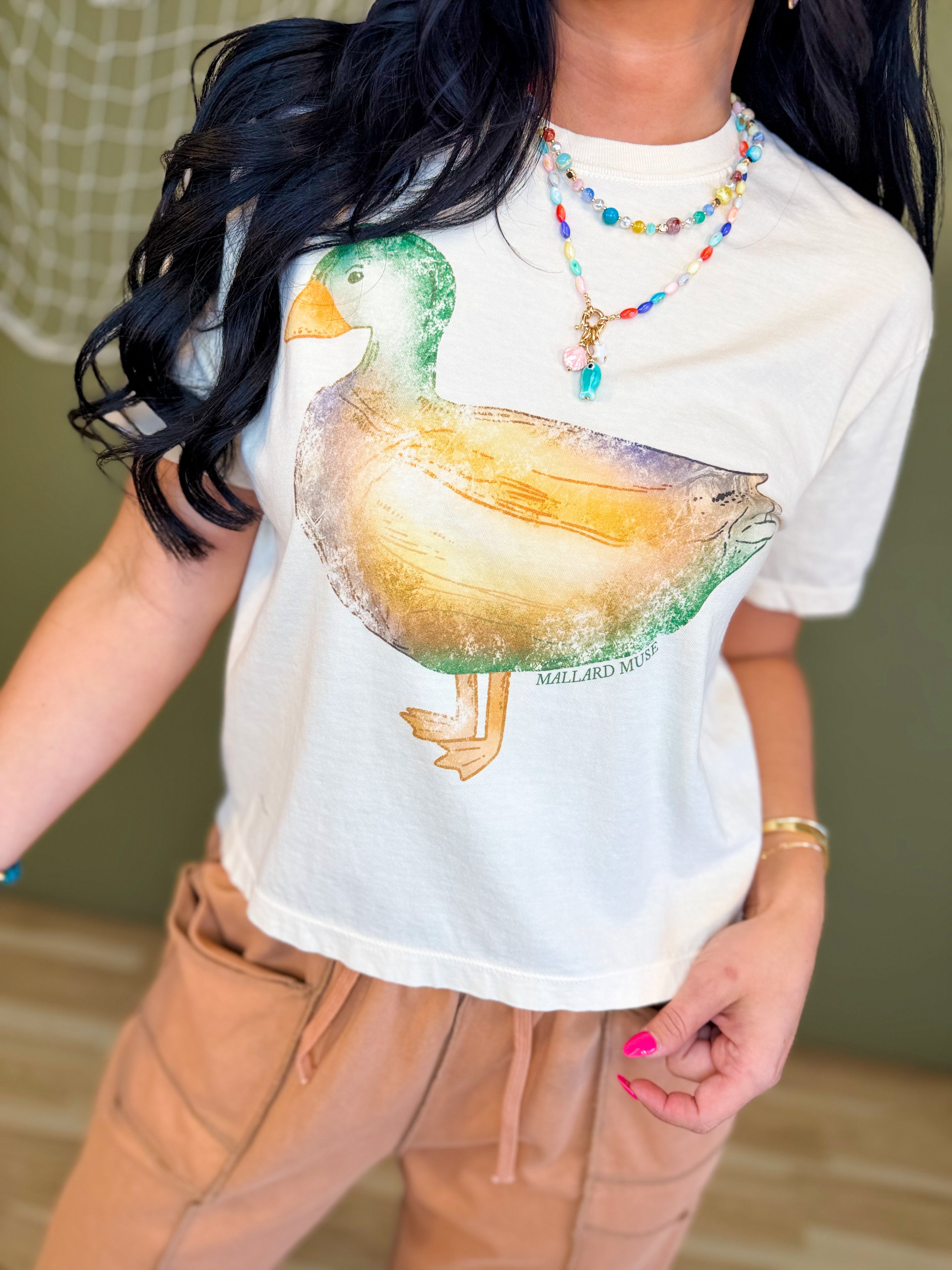 Mallard Muse Cropped Graphic Tee - Ivory - Lace and Grace Boutique