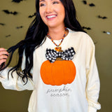 Pumpkin Season Gingham Bow Sweatshirt - Cream