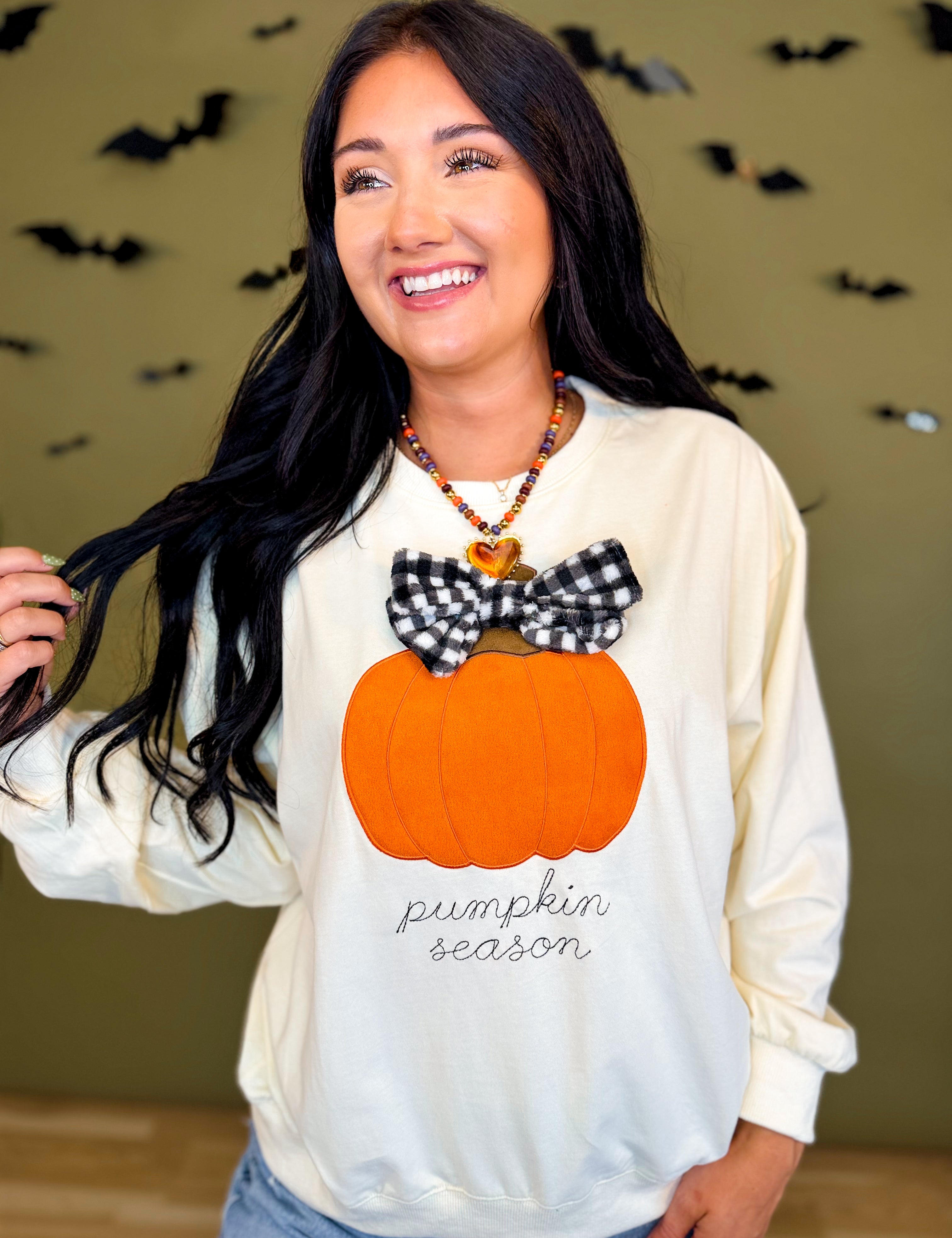 Pumpkin Season Gingham Bow Sweatshirt - Cream - Lace and Grace Boutique