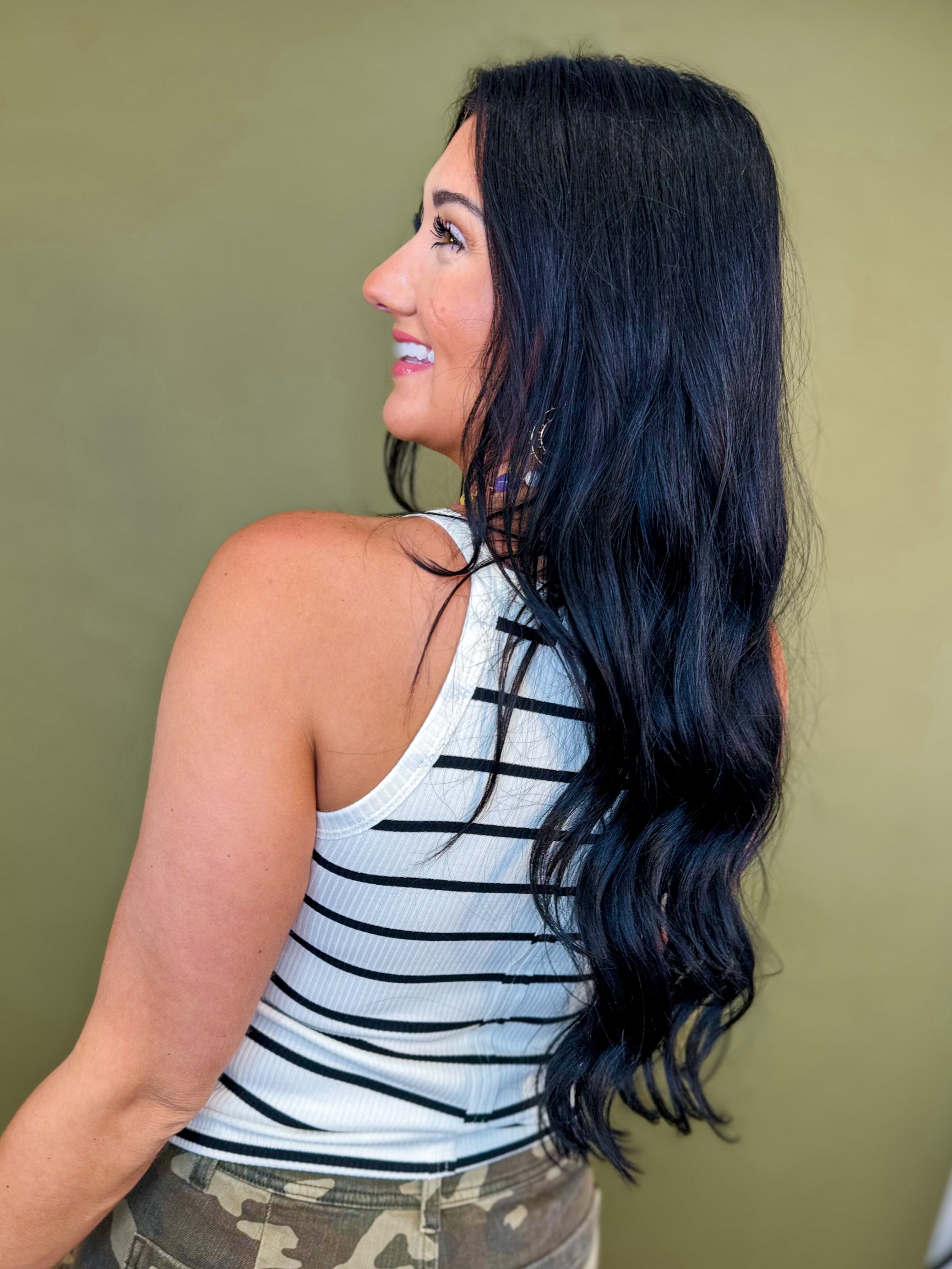 Striped High Neck Knit Tank Top - Cream/Black - Lace and Grace Boutique