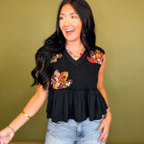 POL Boho Floral Patch V-Neck Tank Top - Black