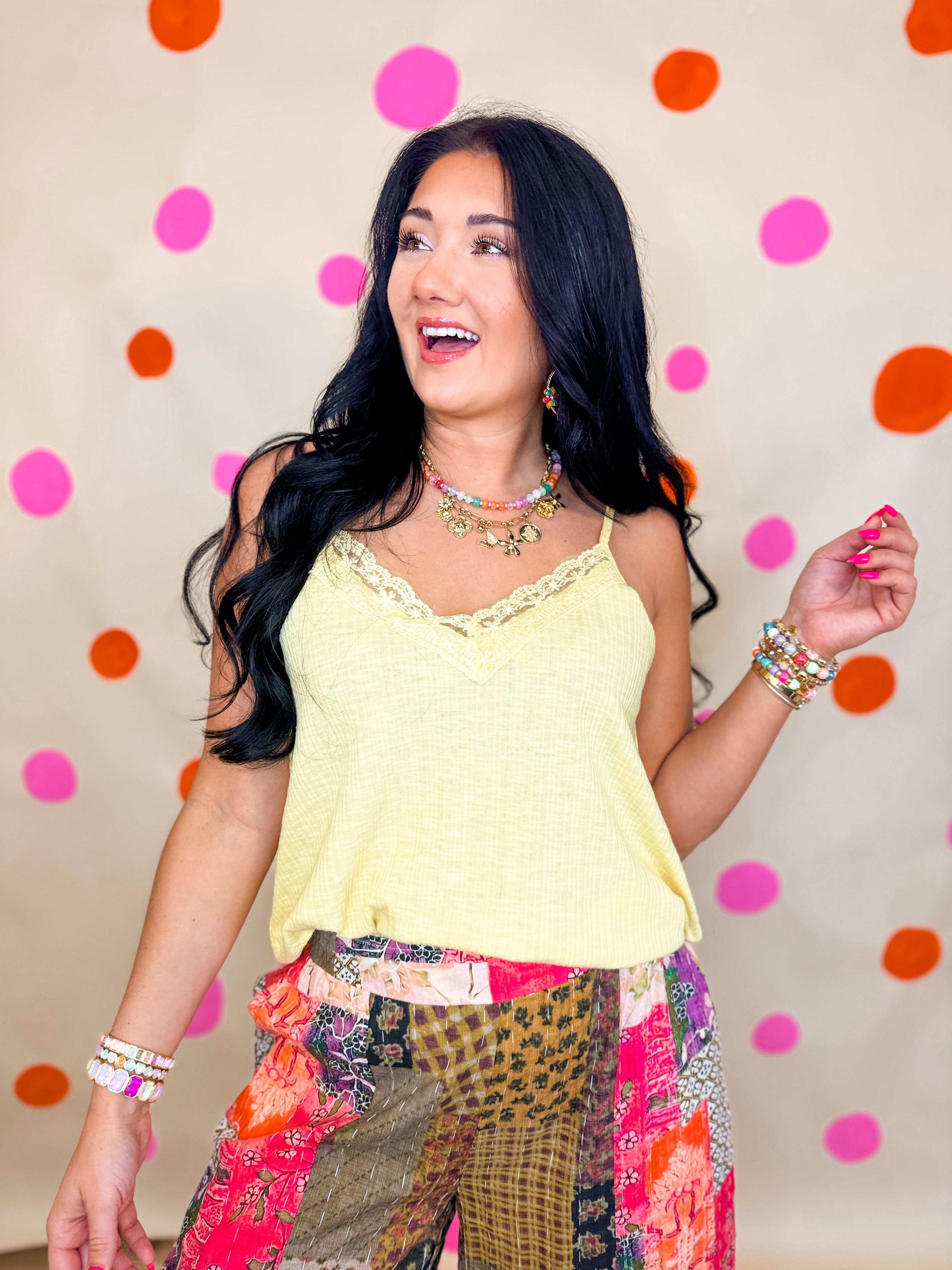 POL Textured Knit Lace Trim Cami Top - Lemon - Lace and Grace Boutique