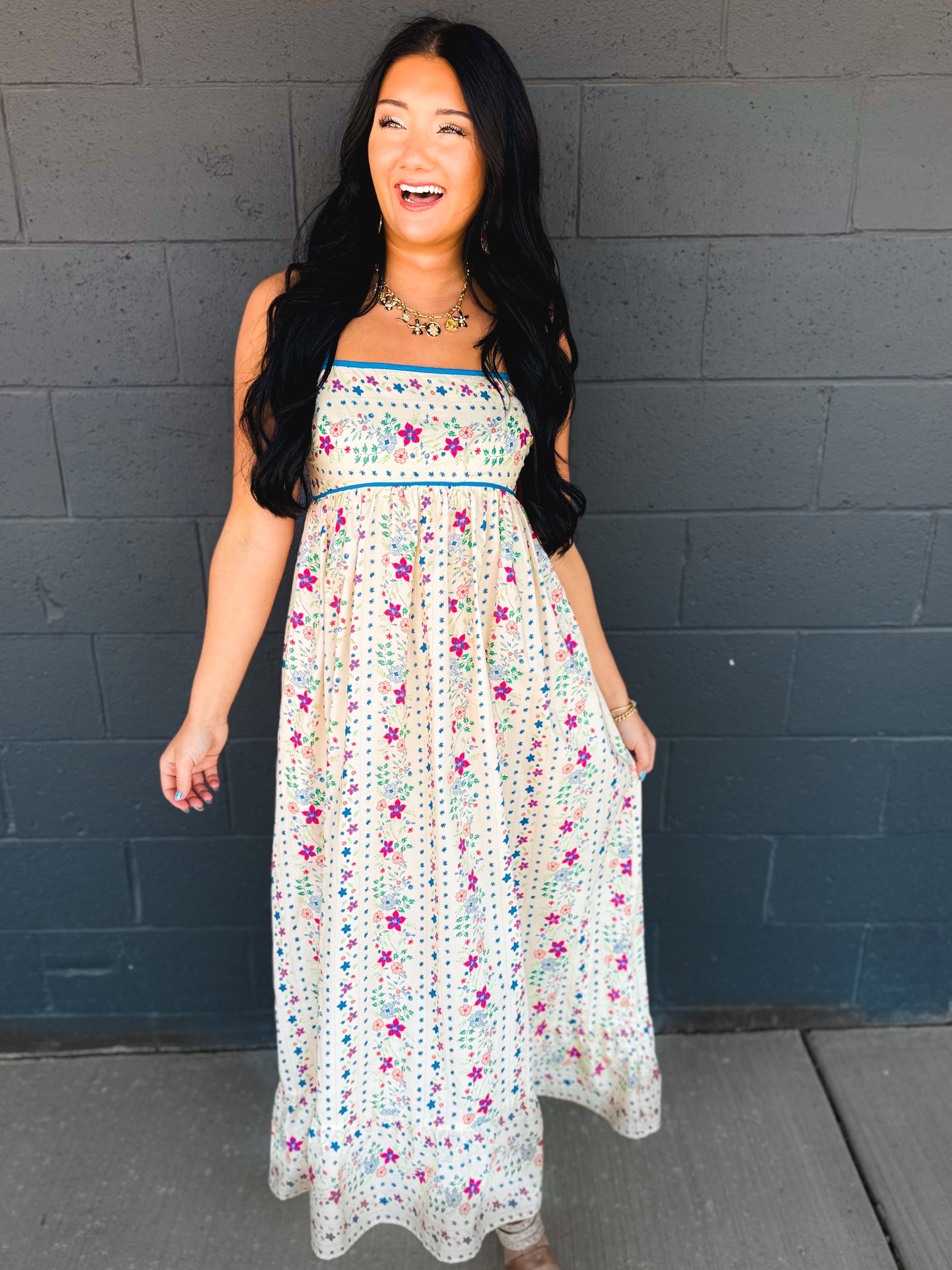 Cotton Floral Sleeveless Maxi Dress - Creme Floral - Lace and Grace Boutique