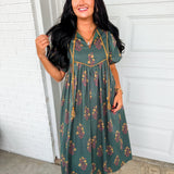 Floral Contrast Trim Puff Sleeve Maxi Dress - Dark Forest Green