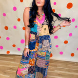 POL V-Neck Patchwork Overalls - Almond Multi