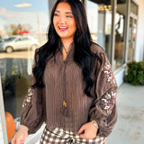 Embroidered Quilt Star Patch Crinkled Blouse - Chocolate