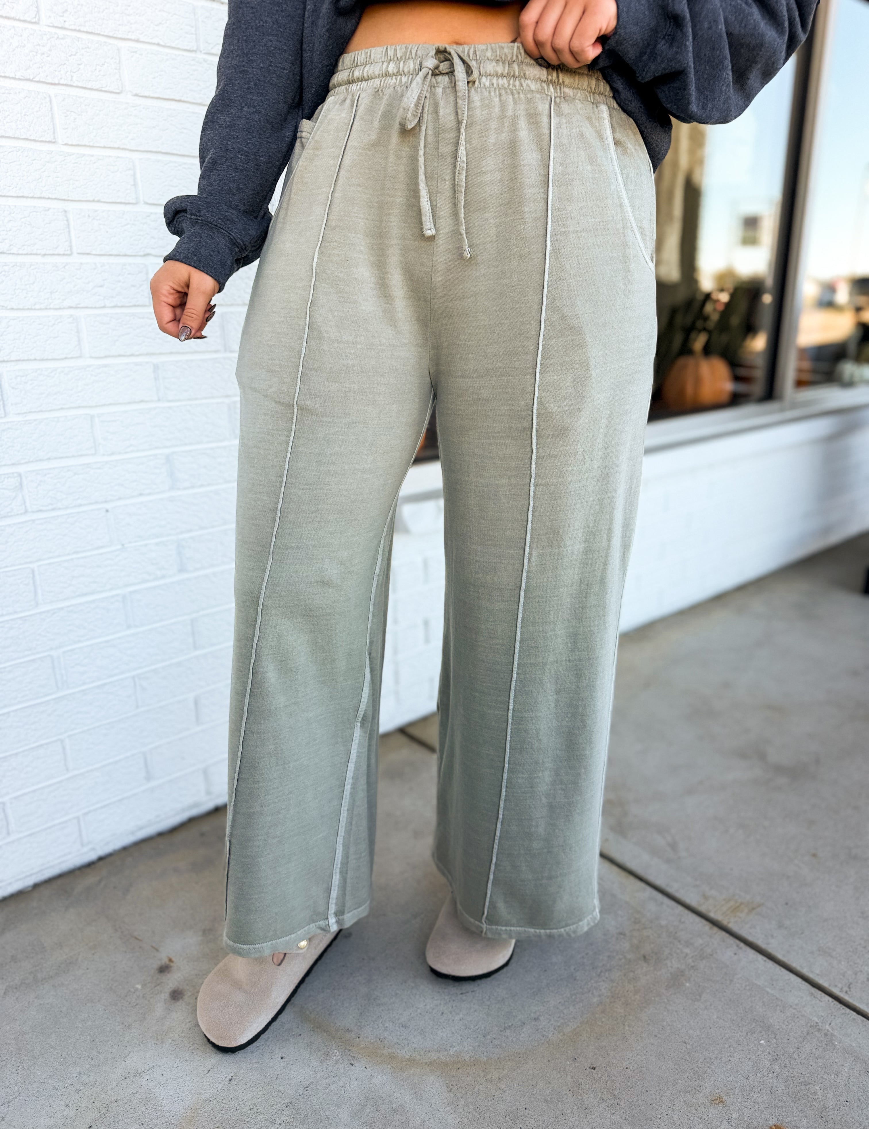 Pigment Wash French Terry Wide Leg Pants - Ash Mocha - Lace and Grace Boutique
