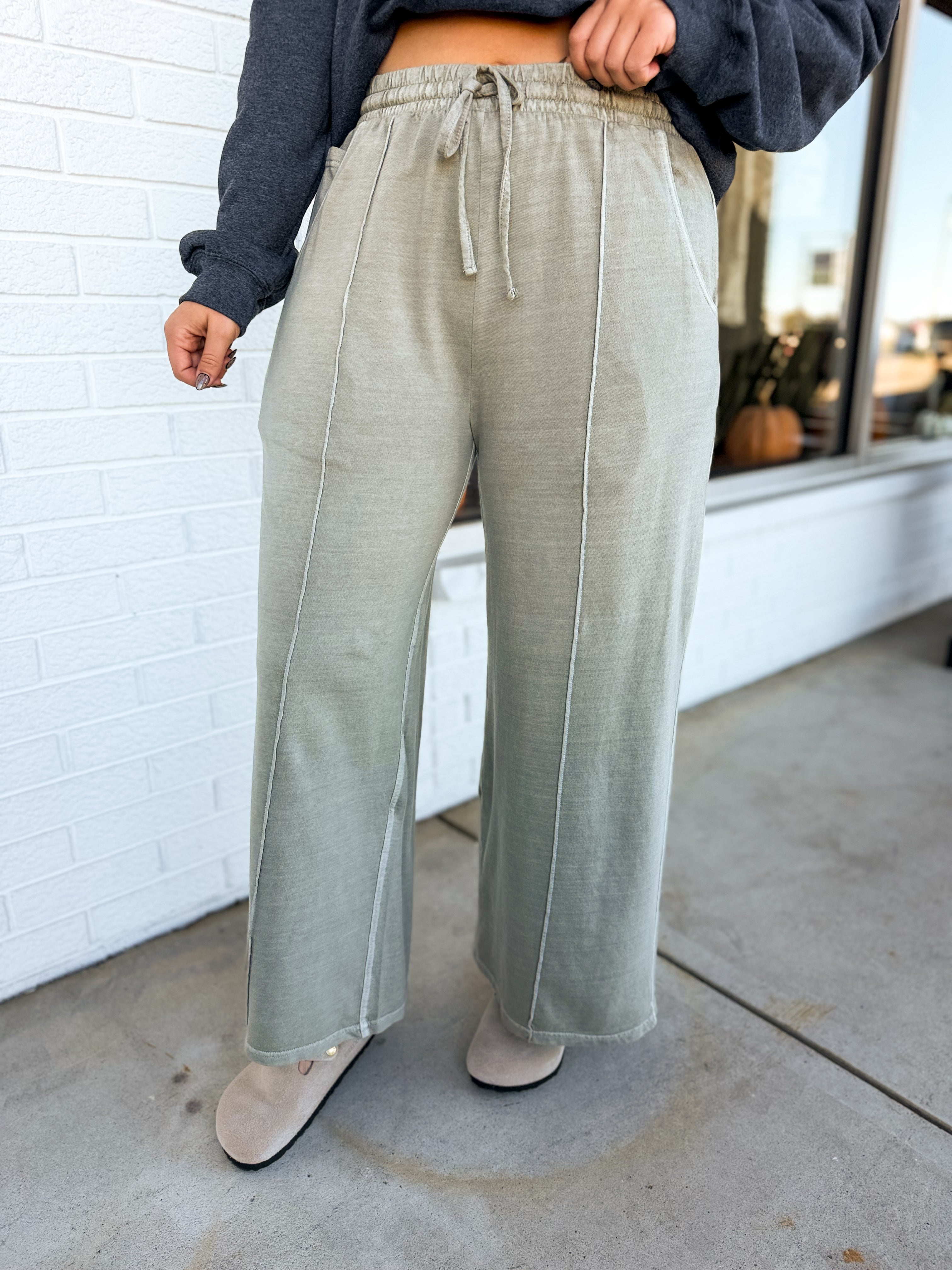 Pigment Wash French Terry Wide Leg Pants - Ash Mocha - Lace and Grace Boutique