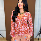 Paisley Print Front Tie Long Sleeve Blouse - Adobe Rose